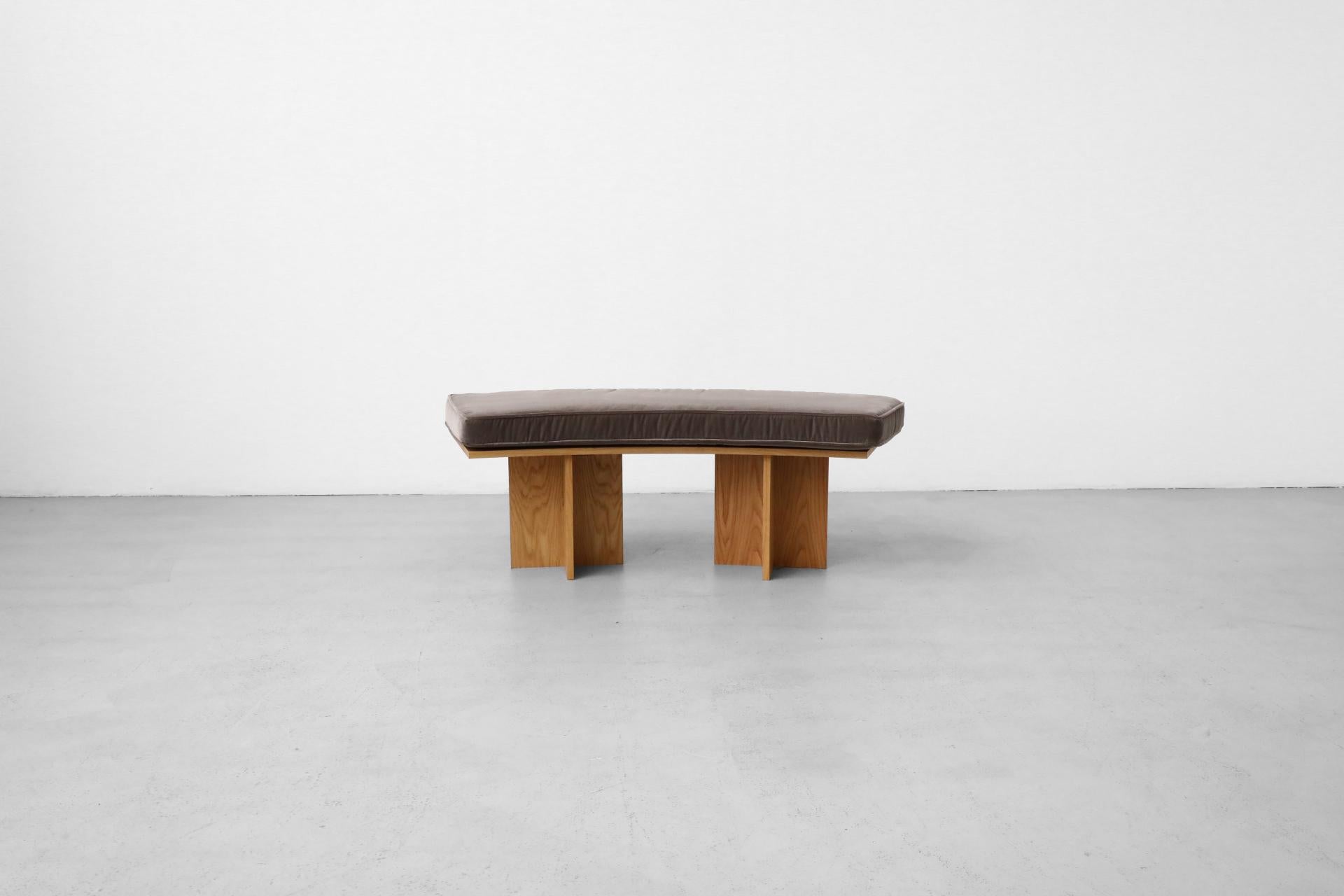 Frank Lloyd Wright Inspired Curved Oak Benches w/ Velvet Cushions 1