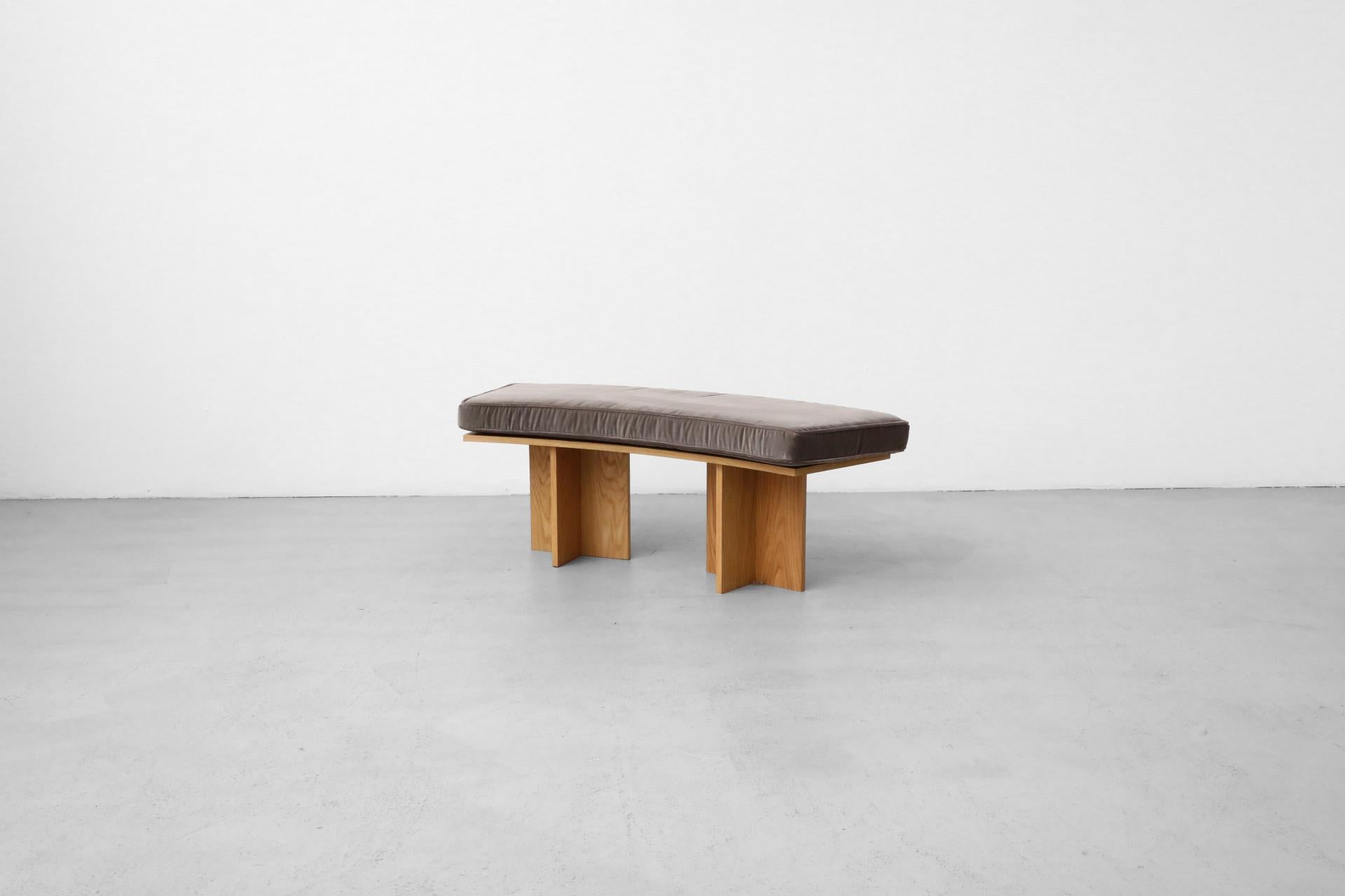 Frank Lloyd Wright Inspired Curved Oak Benches w/ Velvet Cushions 2