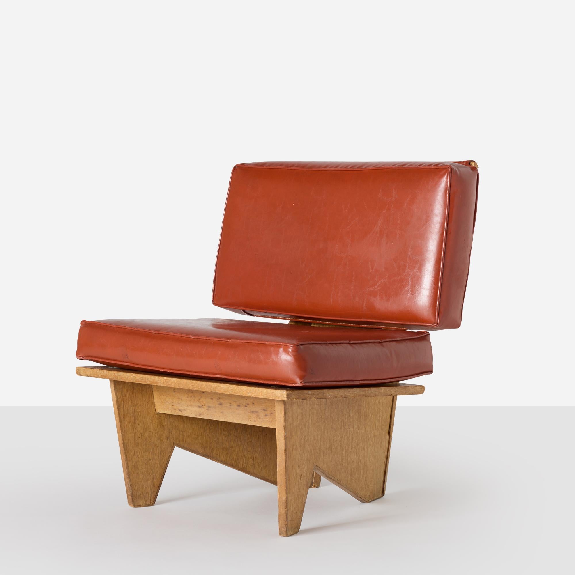 An original lounge chair designed by Frank Lloyd Wright for the Dorothy H. Turkel House in Detroit, circa 1955. One of only six known examples made specifically for the residence, this piece was part of Wright’s fully integrated design for the