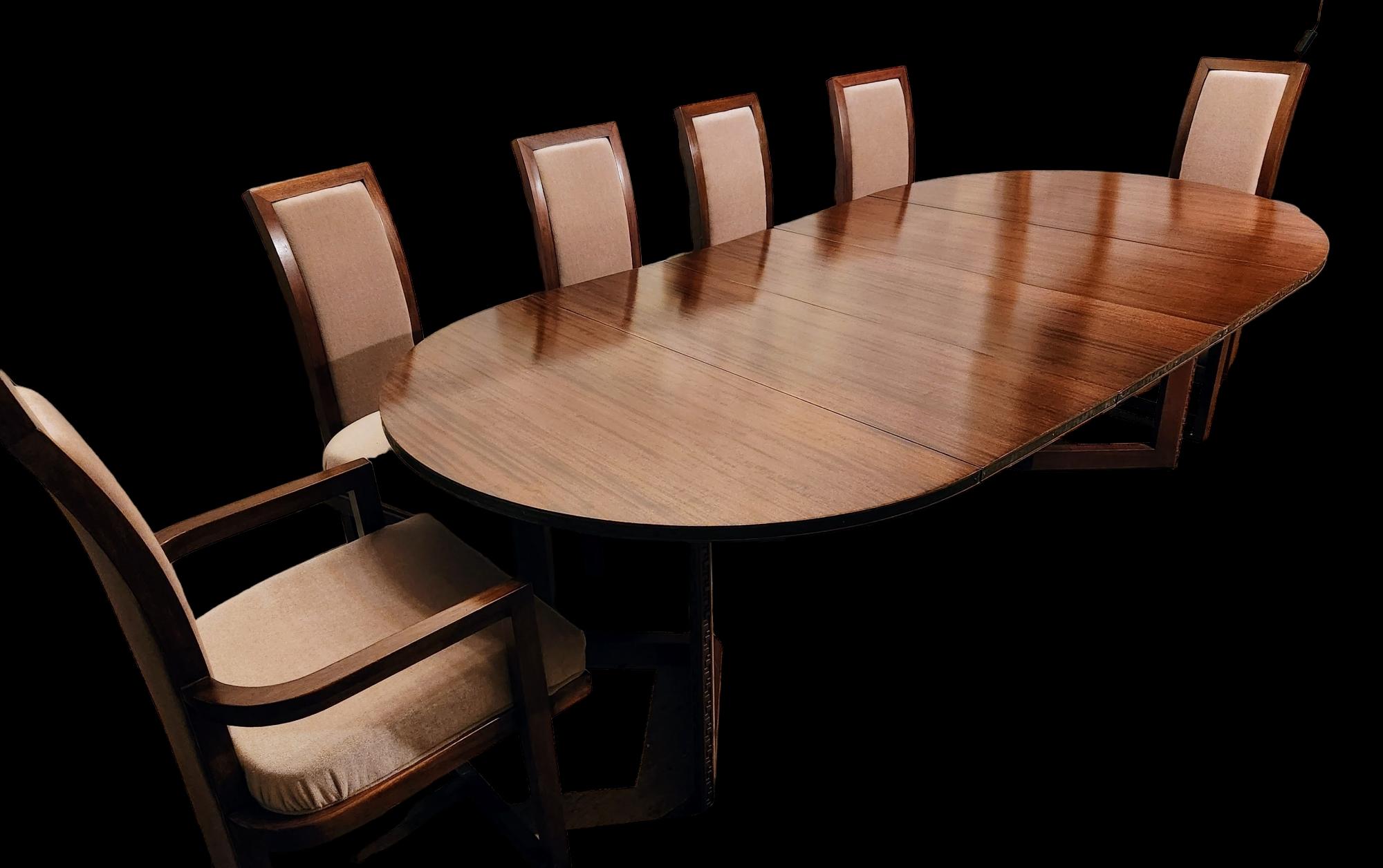 A mahogany dining table designed by Frank Lloyd Wright as part of his Taliesin line of furniture manufactured by Heritage Henredon between 1955-1956.
A very versatile table with (three) 16 inch leaves thus extending the 48 inch table to 96
