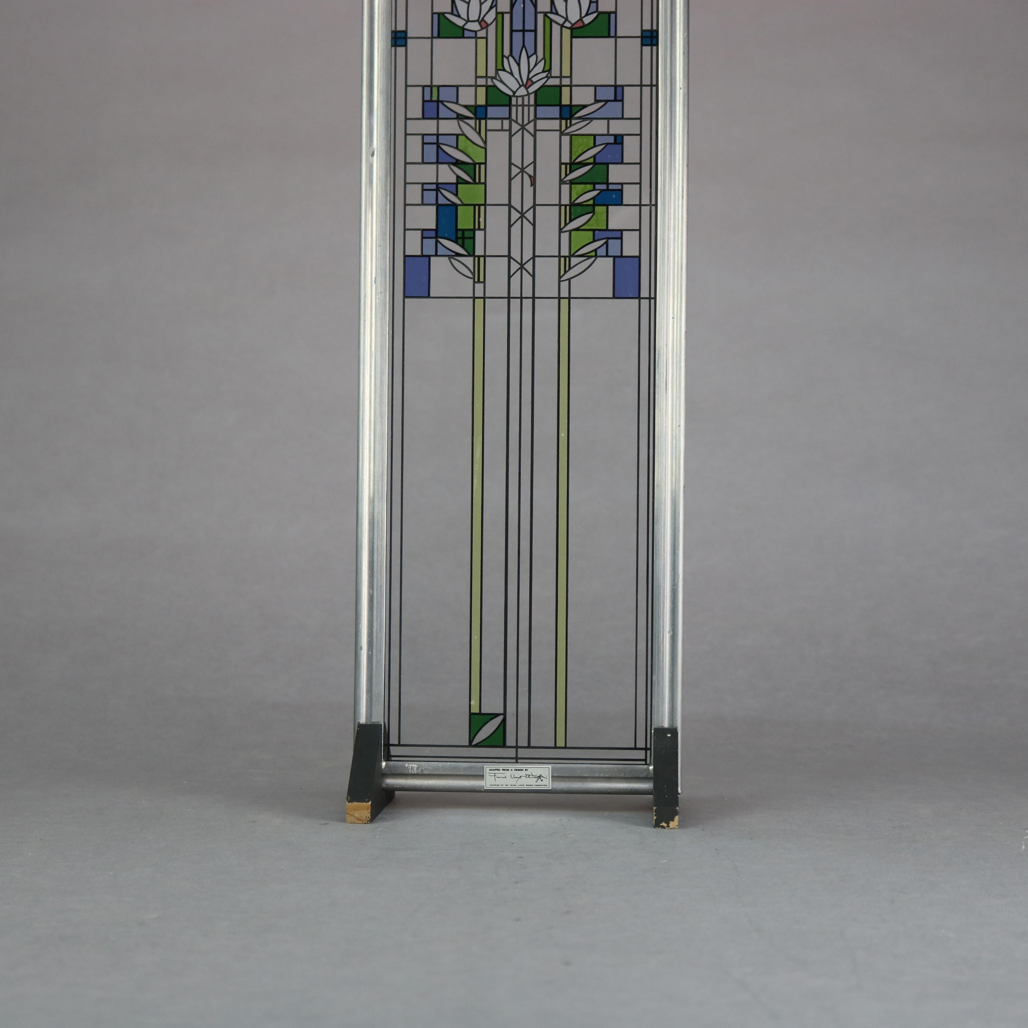 Aluminum Frank Lloyd Wright Prairie School Enameled Glass Panel, 20th C