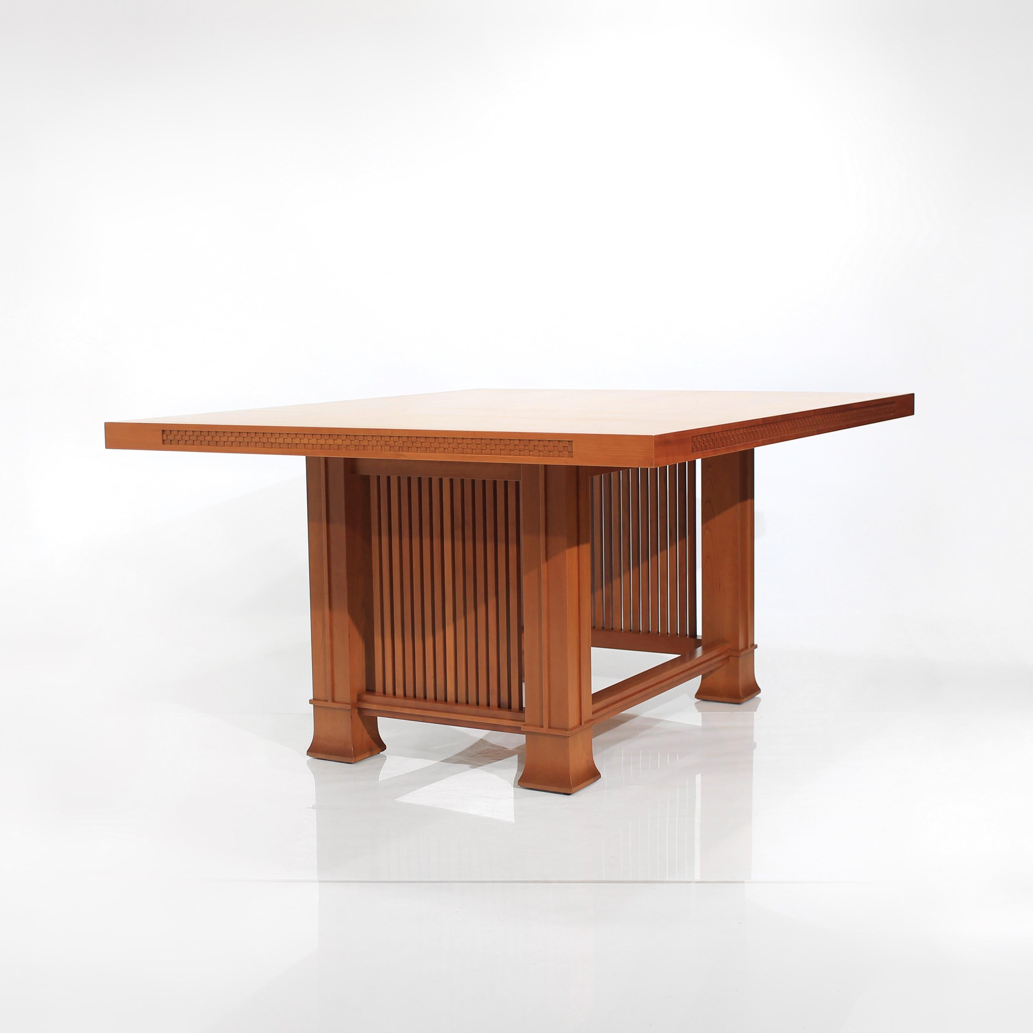 About this Frank Lloyd Wright dining table - Model name: Husser comprised of solid lacquered cherrywood. Designed by Frank Lloyd Wright in 1899 for the Joseph W. Husser House (Chicago, Illinois), re-edited by the Italian manufacturer Cassina in