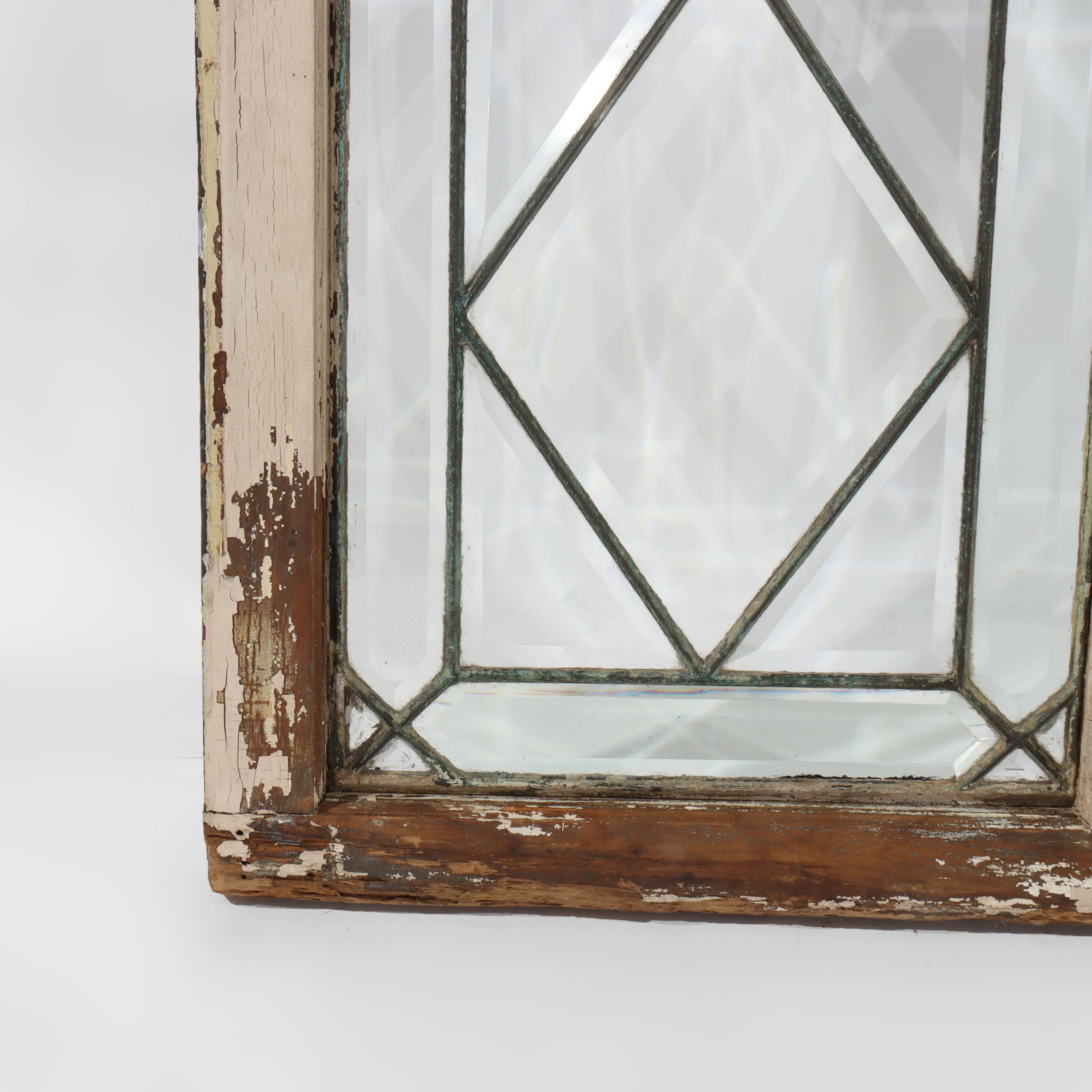 Frank Lloyd Wright School Architectural Beveled Leaded Glass Window c1920 2