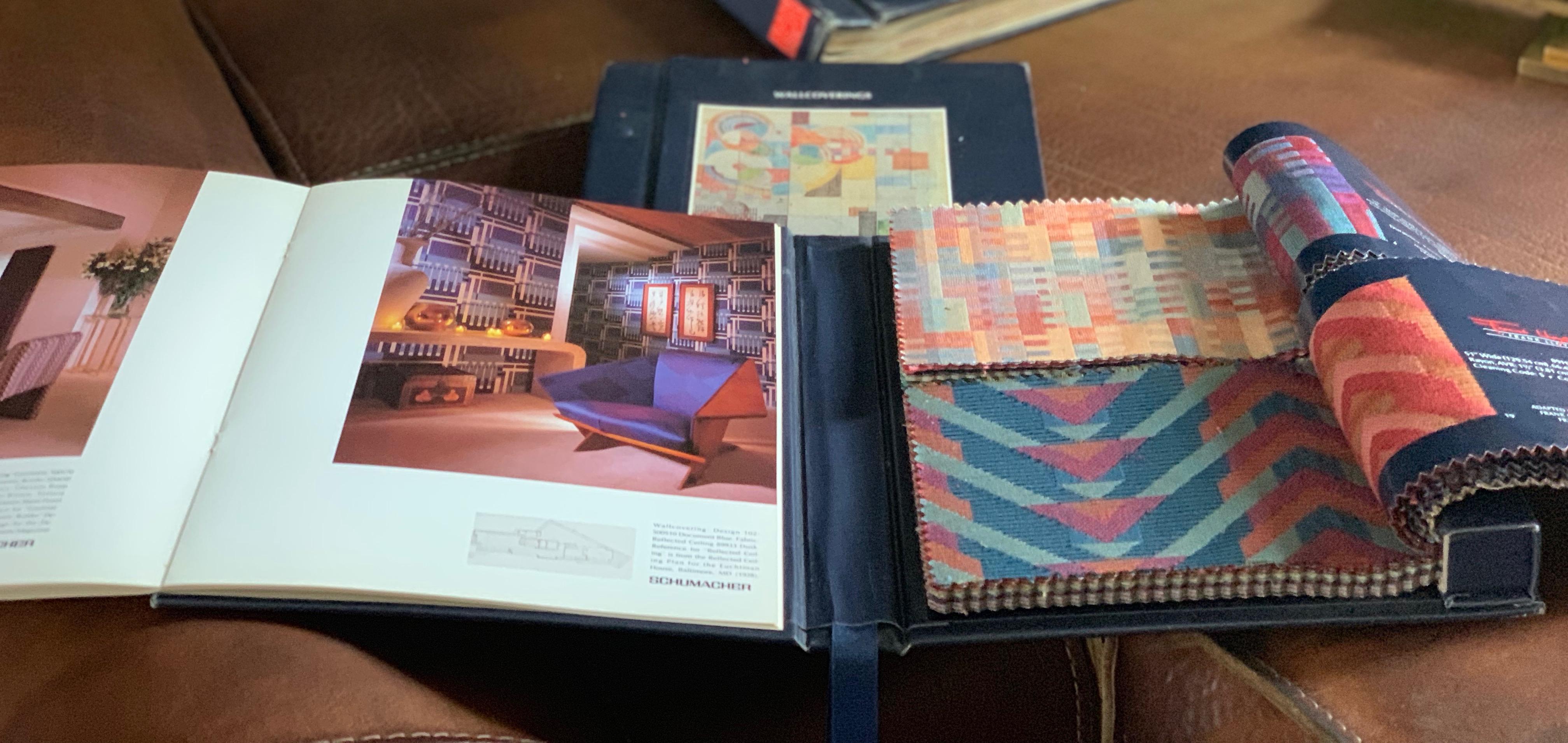 Frank Lloyd Wright interior design book box set, published by Schumacher, three books with patterns designed by Wright, two books bearing fabric swatches,