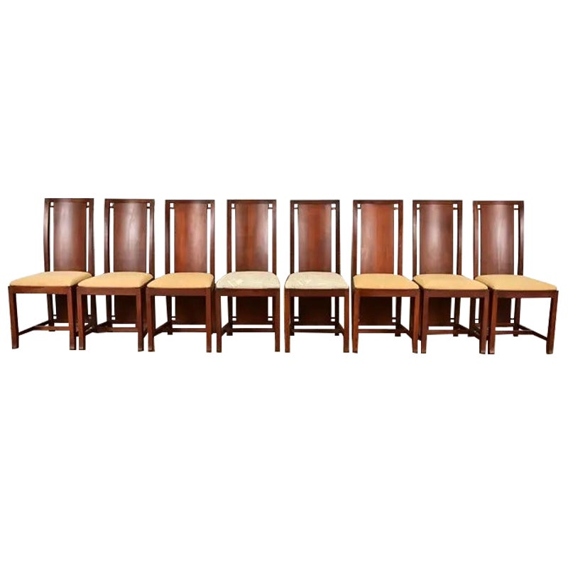 Frank Lloyd Wright Sculpted Mahogany High Back Dining Chairs, Set of Eight