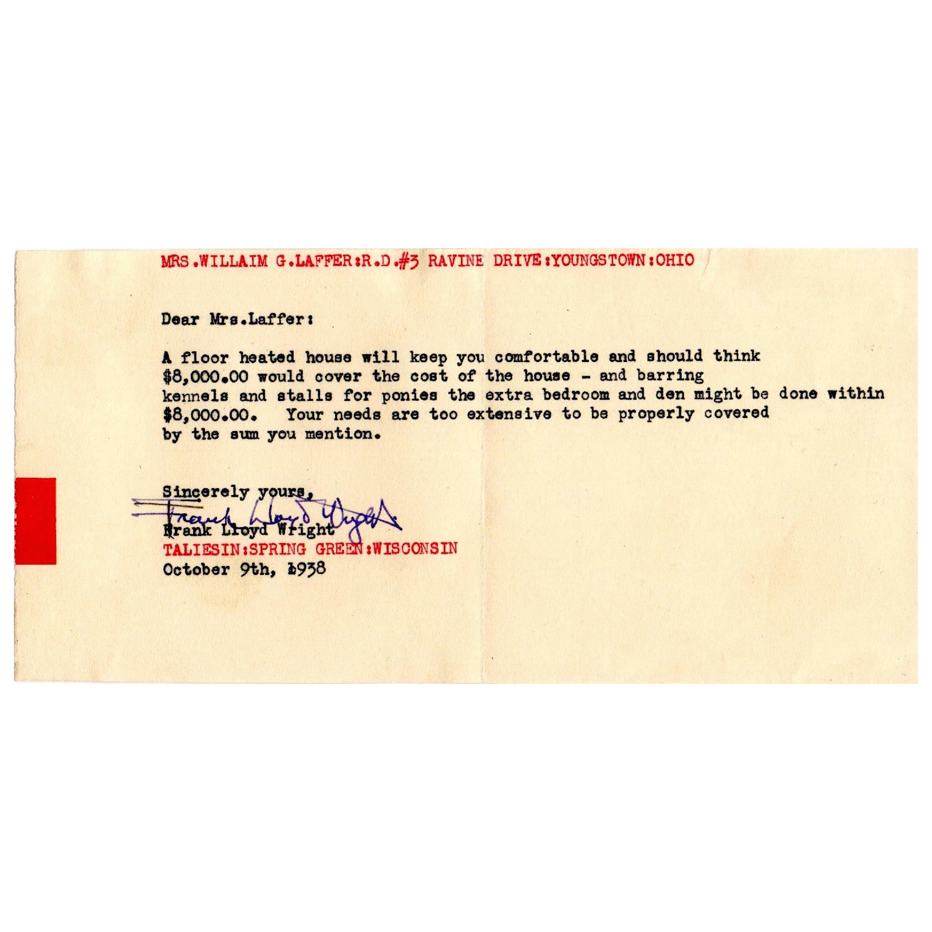 Frank Lloyd Wright Signed Letter, Original Signature, 1938