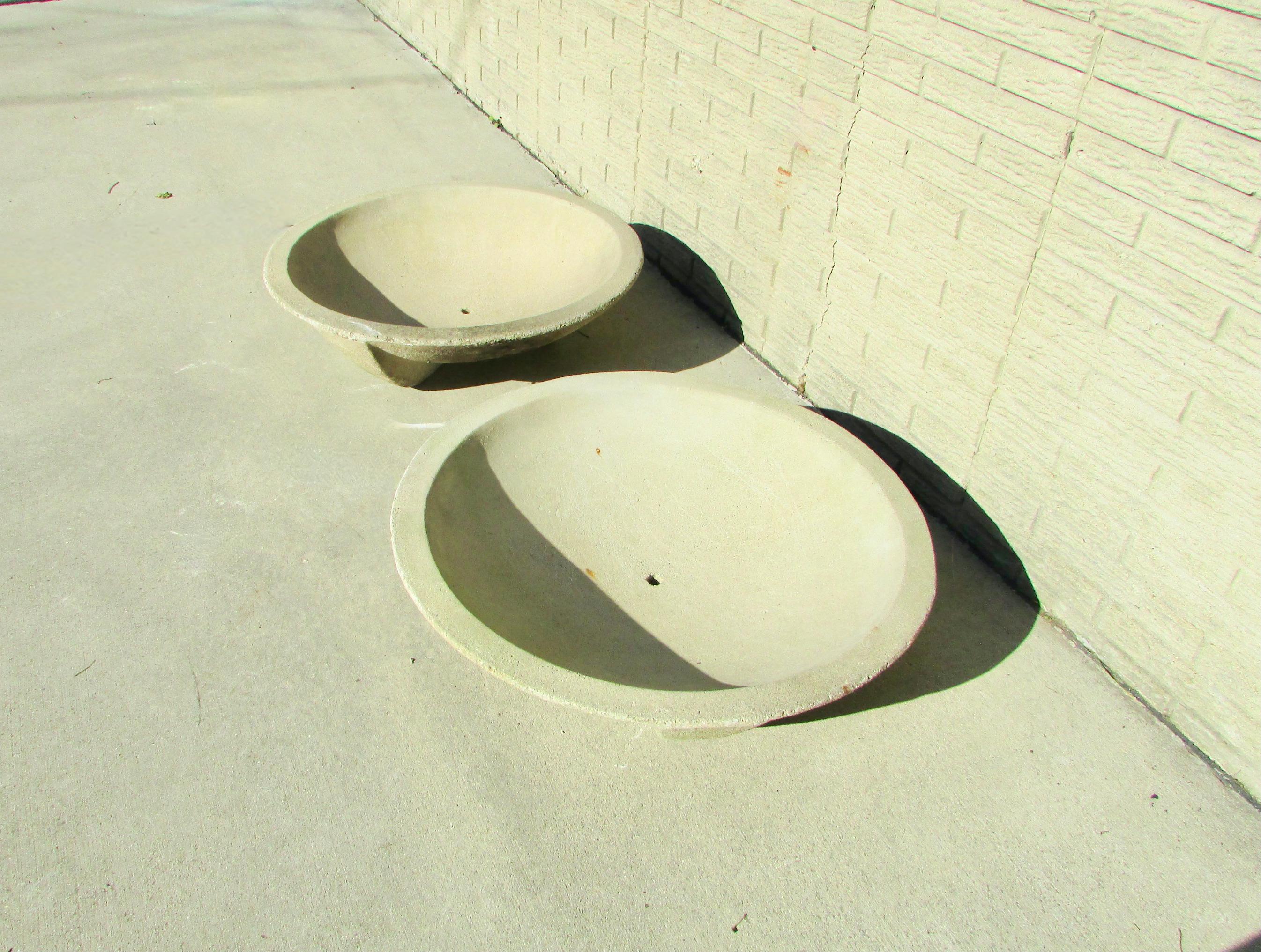 Pair of large heavy cast cement planter pots. Very much in the Frank Lloyd Wright Prairie nSchool style.
