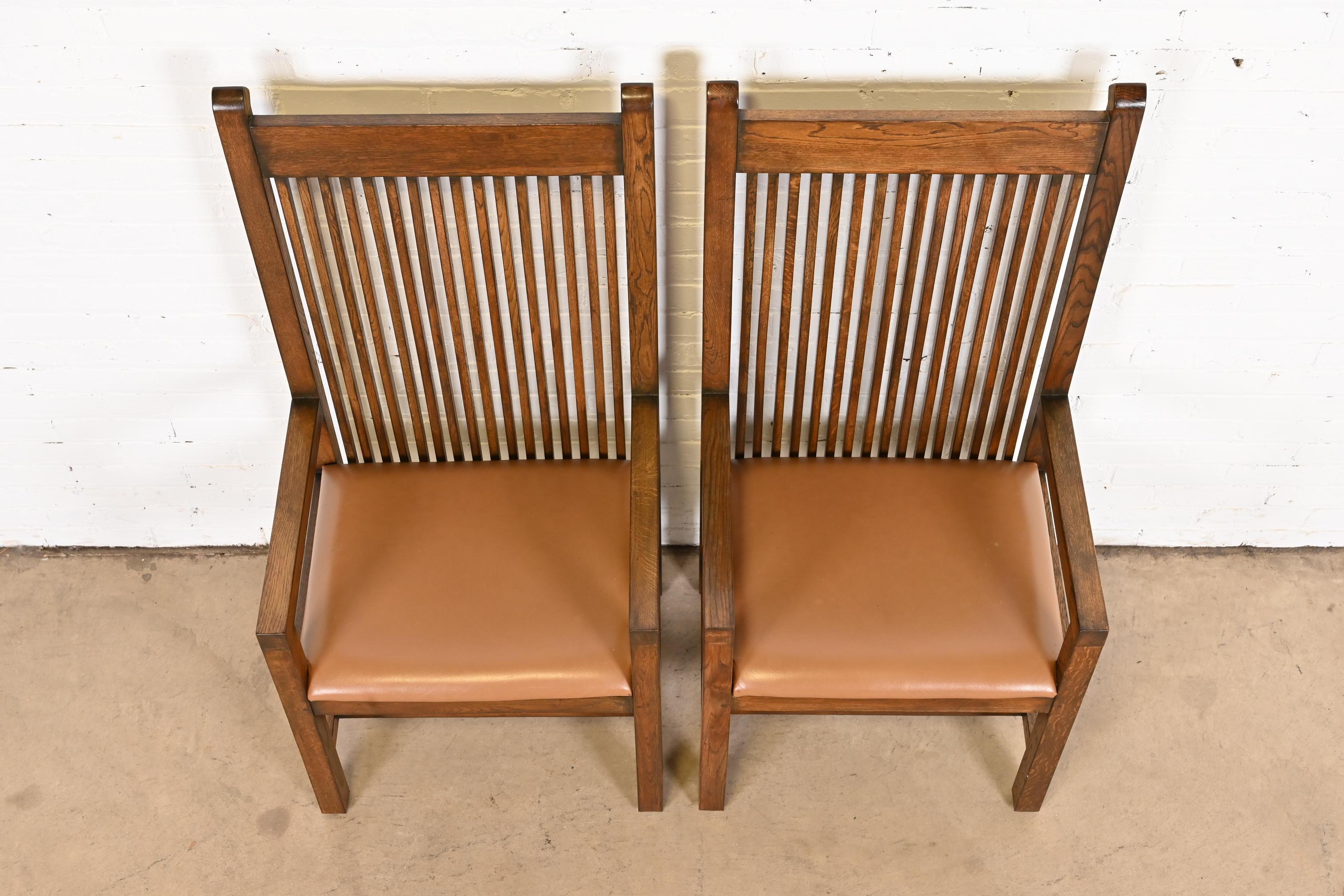 Frank Lloyd Wright Style Arts & Crafts Oak and Leather High Back Armchairs, Pair 4