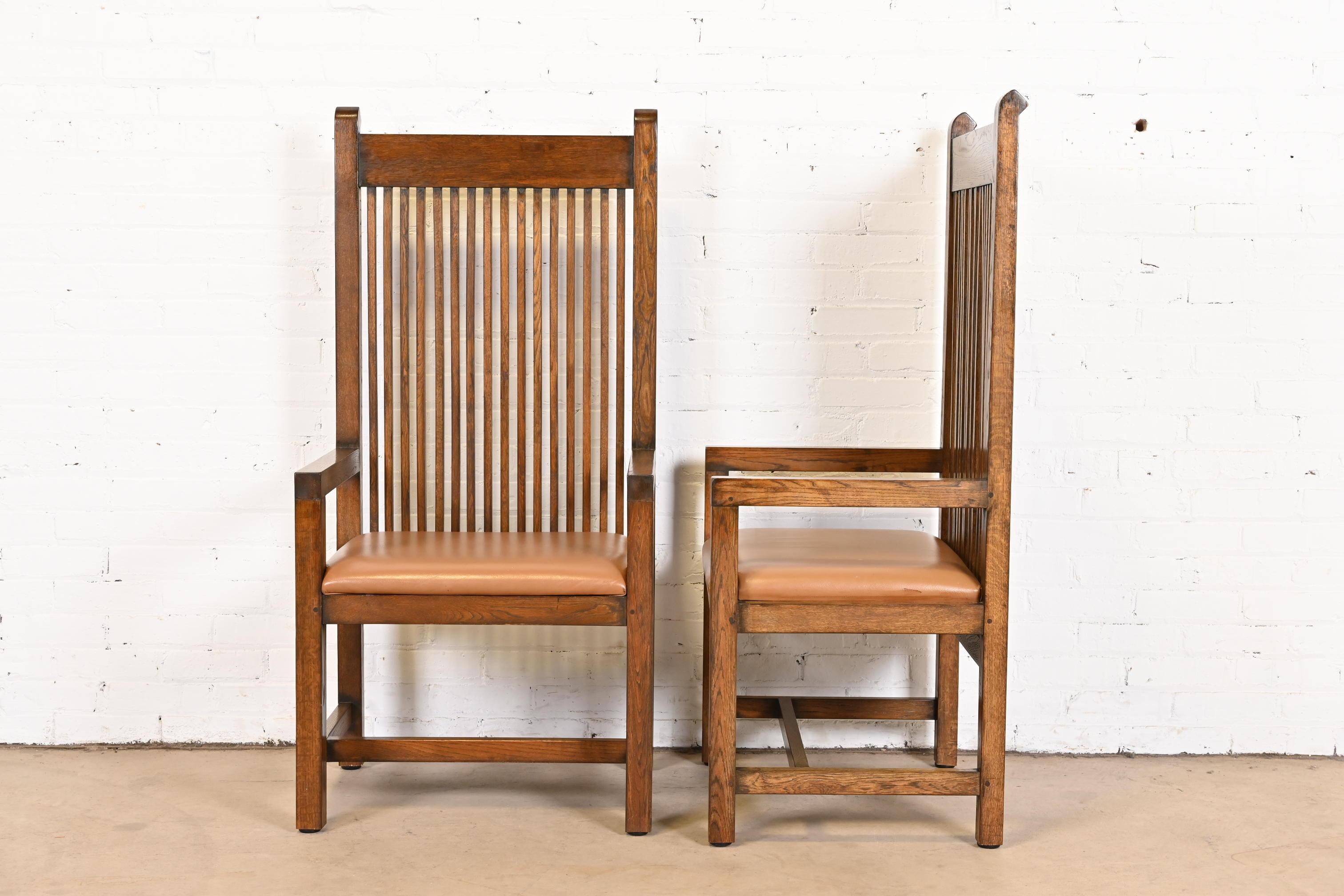 Frank Lloyd Wright Style Arts & Crafts Oak and Leather High Back Armchairs, Pair 5