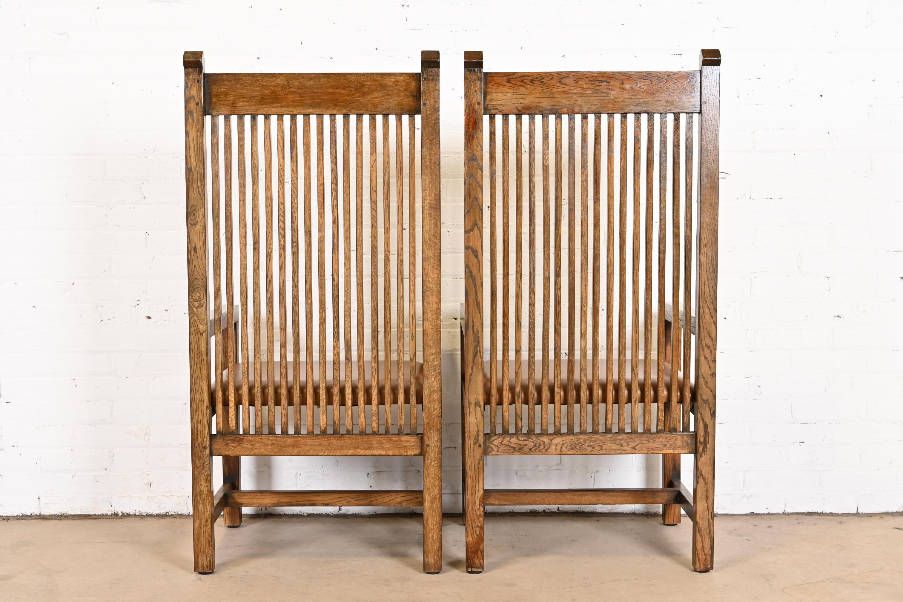 Frank Lloyd Wright Style Arts & Crafts Oak and Leather High Back Armchairs, Pair 6