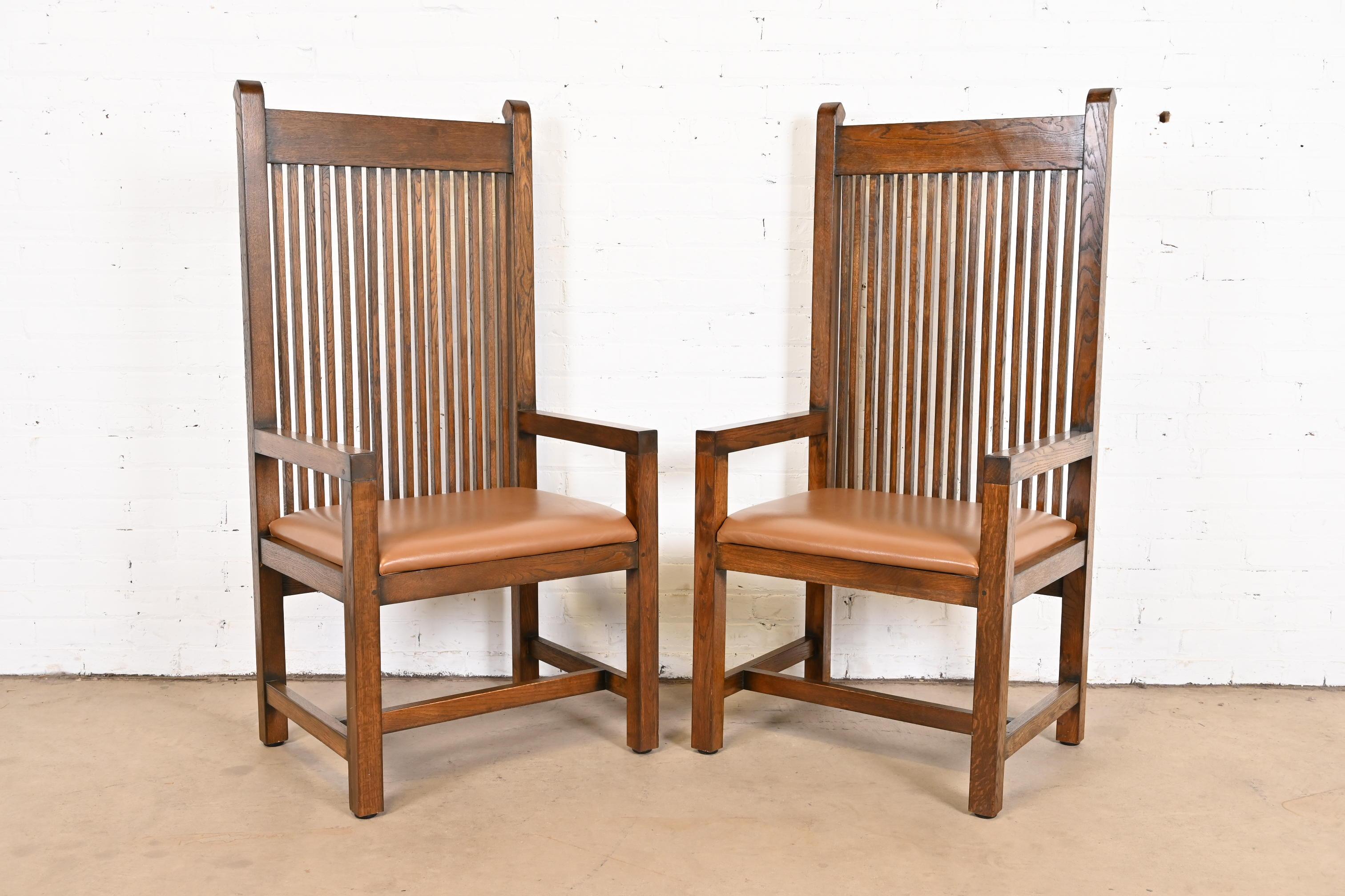 Arts and Crafts Frank Lloyd Wright Style Arts & Crafts Oak and Leather High Back Armchairs, Pair