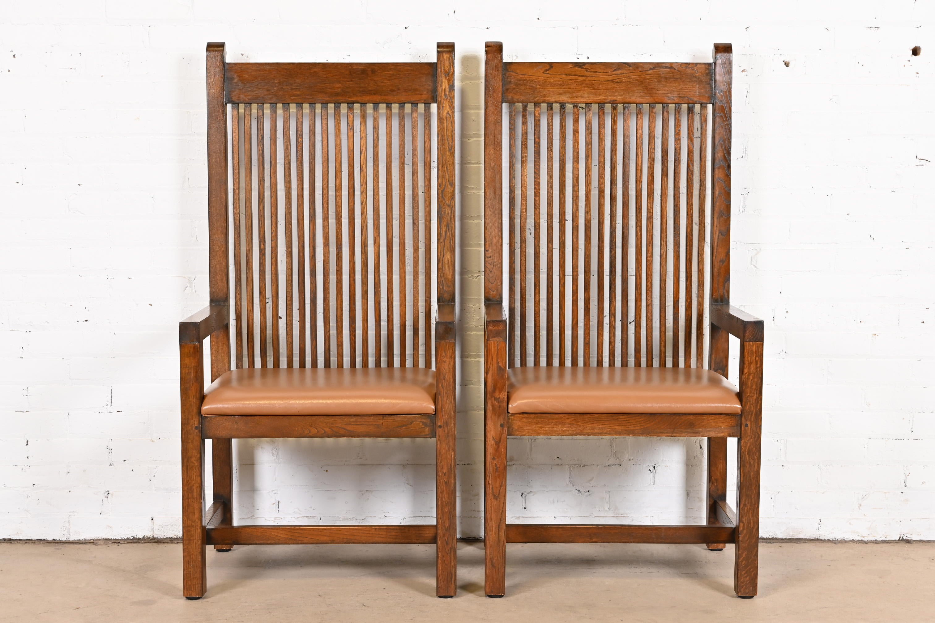 American Frank Lloyd Wright Style Arts & Crafts Oak and Leather High Back Armchairs, Pair