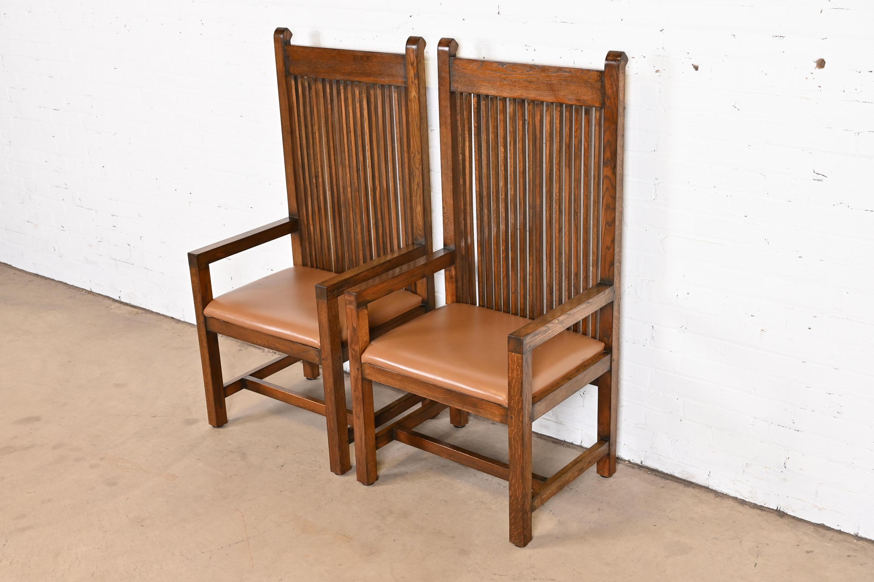 Late 20th Century Frank Lloyd Wright Style Arts & Crafts Oak and Leather High Back Armchairs, Pair