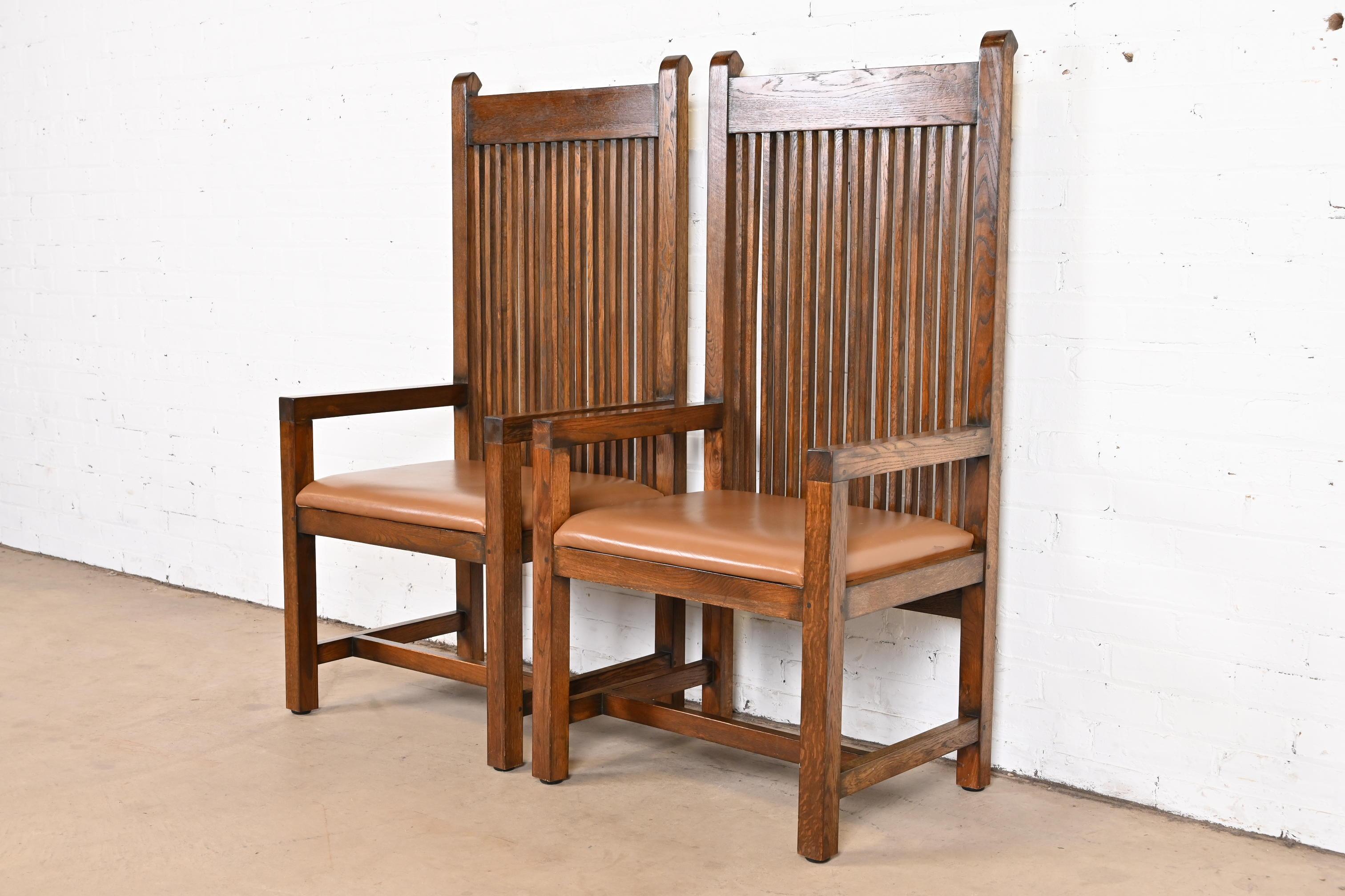 Frank Lloyd Wright Style Arts & Crafts Oak and Leather High Back Armchairs, Pair 1