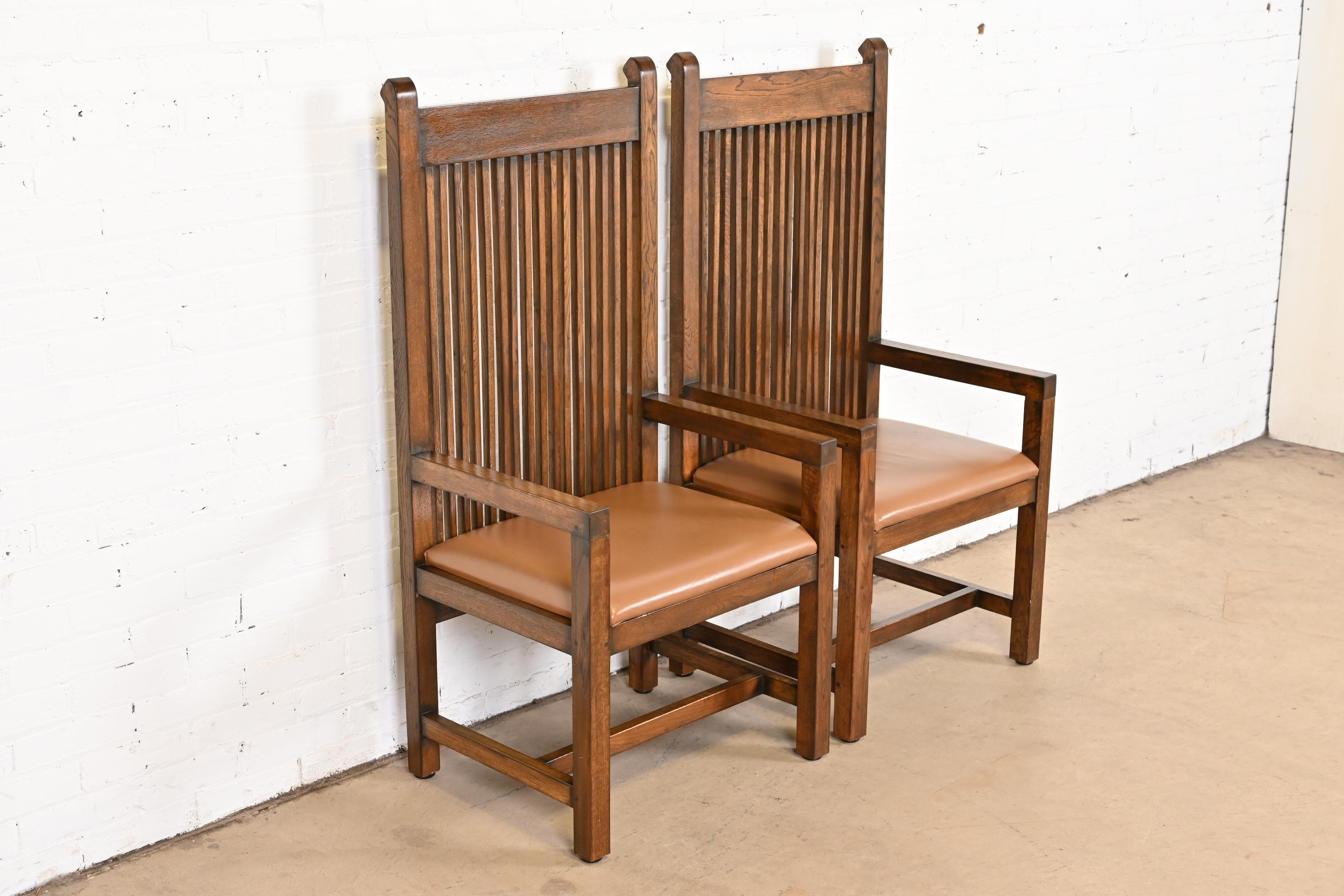 Frank Lloyd Wright Style Arts & Crafts Oak and Leather High Back Armchairs, Pair 2