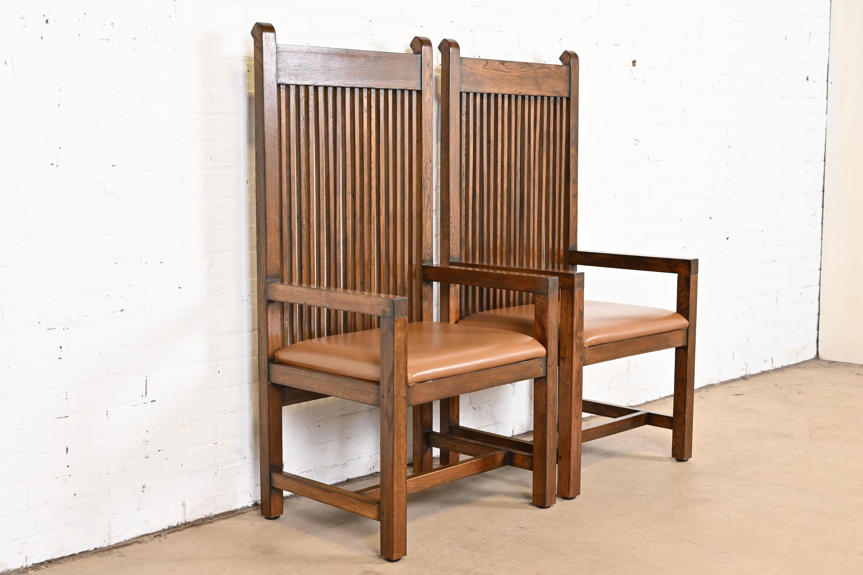 Frank Lloyd Wright Style Arts & Crafts Oak and Leather High Back Armchairs, Pair 3