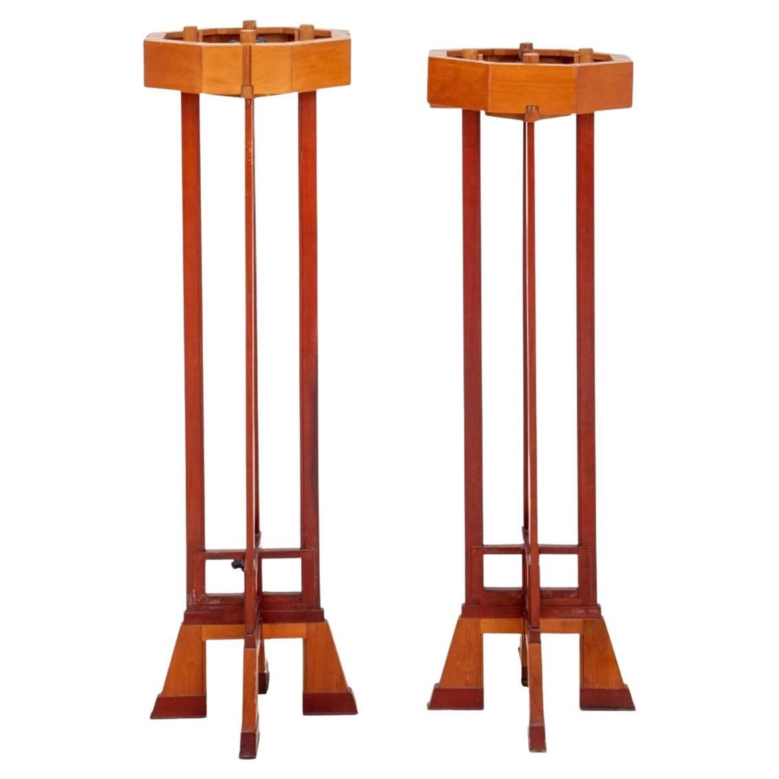 Frank Lloyd Wright Style Cherrywood Torchieres, Pair For Sale