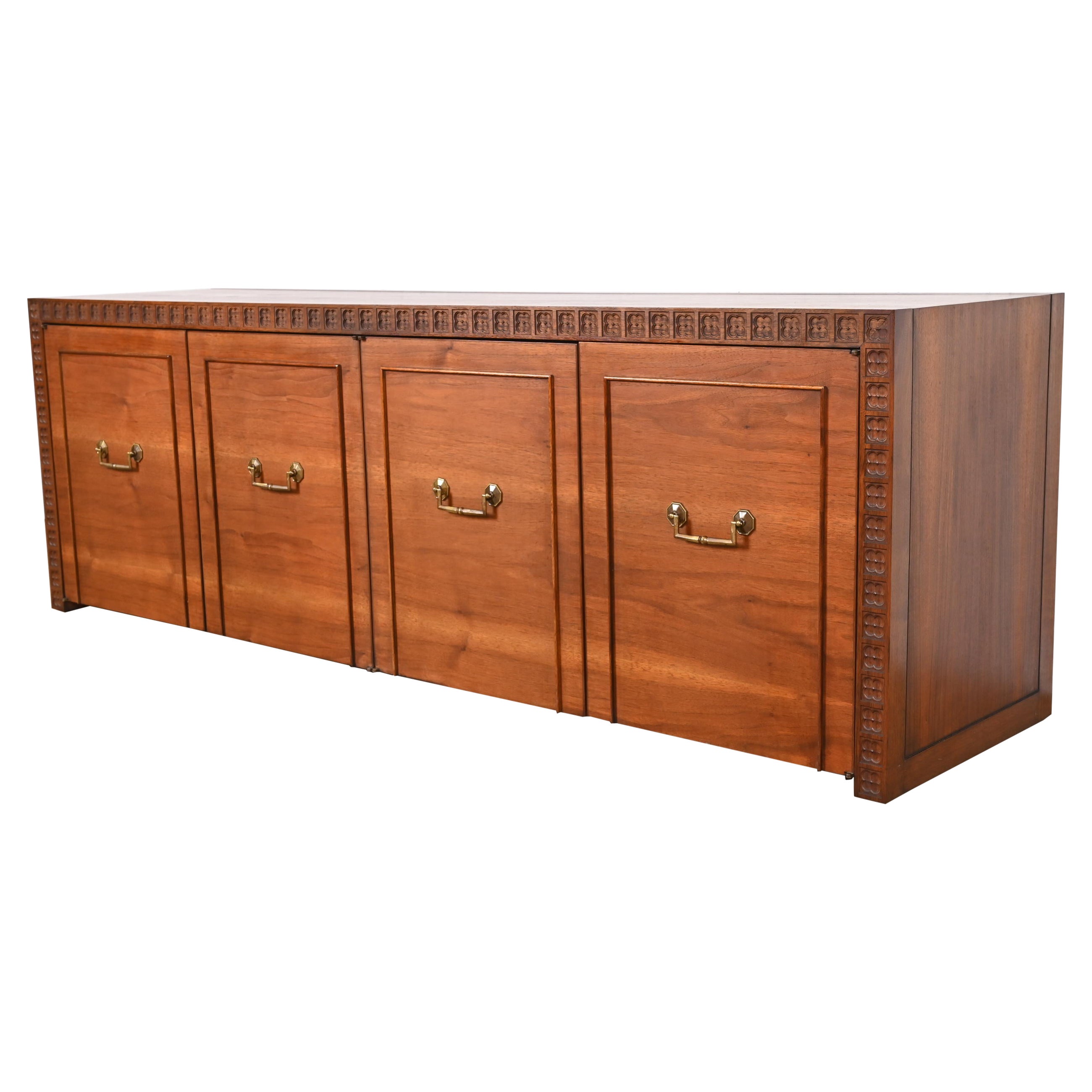 Frank Lloyd Wright Style Mid-Century Modern Sculpted Walnut Low Credenza