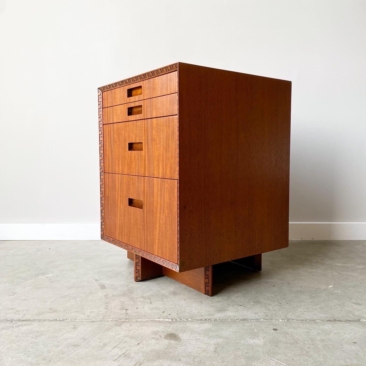 This beautifully refinished Honduran Mahogany 'Taliesin' chest of drawers was designed by Frank Lloyd Wright for Heritage-Henredon in 1955 and produced only for two years, therefore are now highly sought-after and rare collectors items. This example