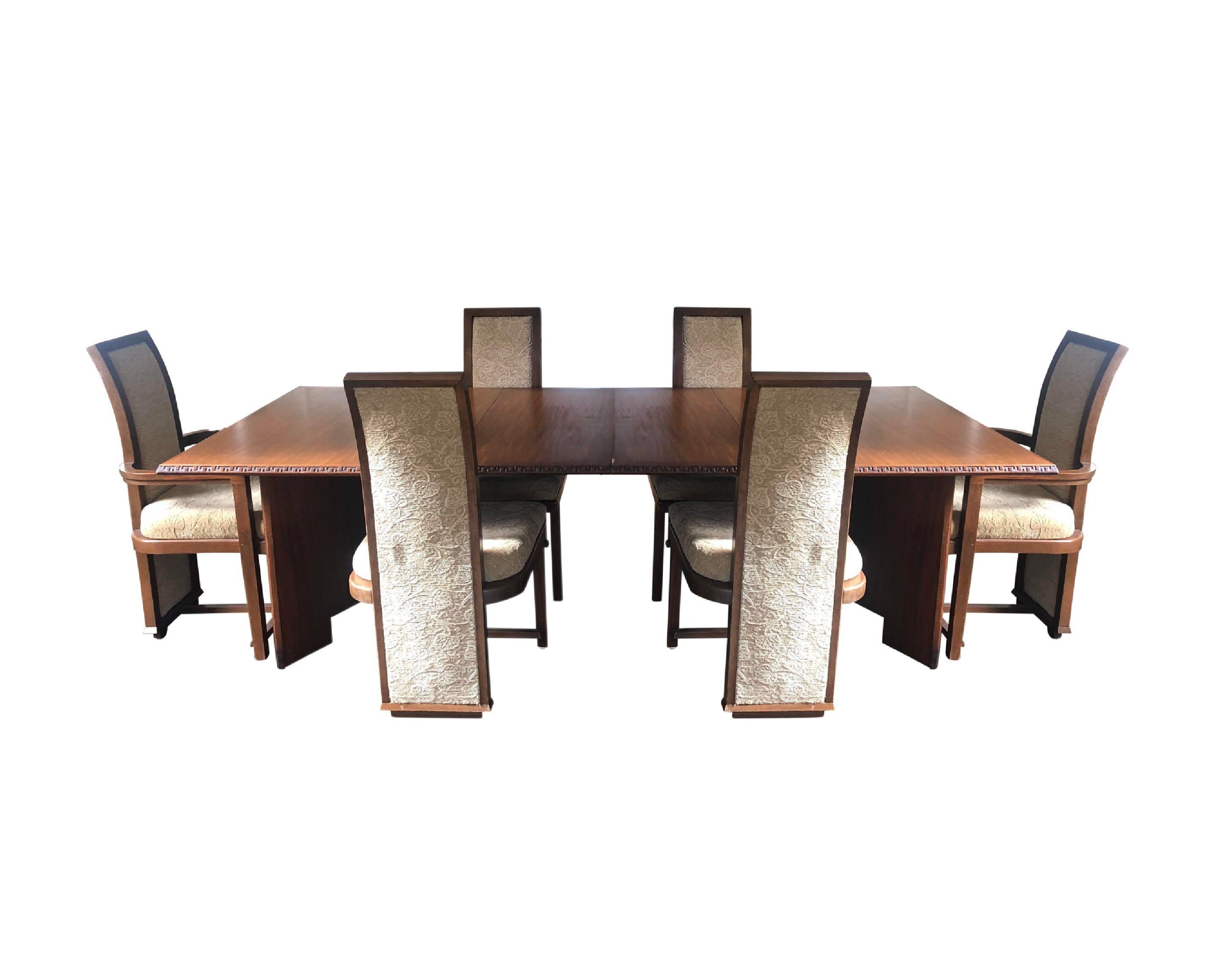 Rare complete original condition Frank Lloyd Wright Taliesen dining table and chair set (for 6), mahogany, 1955, Signed. Manufactured by Heritage Henredon. This set has been together since 1955 and I'd prefer for it to remain as such moving