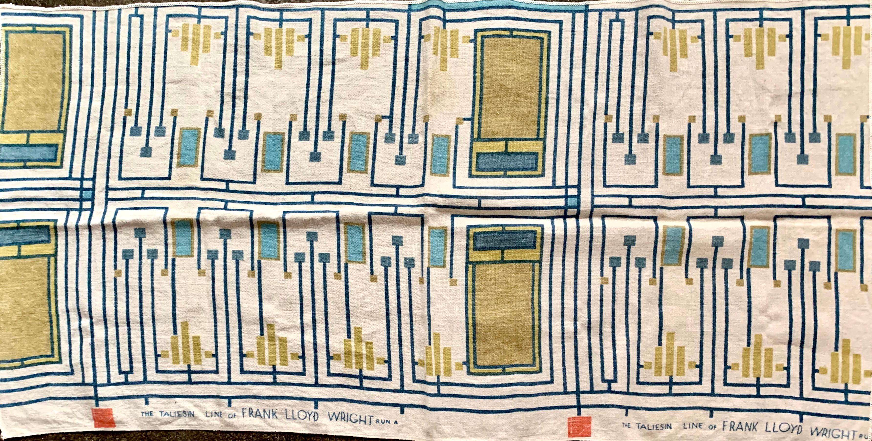 Large panel swatch dating to frank Lloyd wright’s original 1955 collection for Schumacher. Extremely rare original large scale fabric, with surged edges to facilitate long term display and handling non its own, ostensibly in an interior design