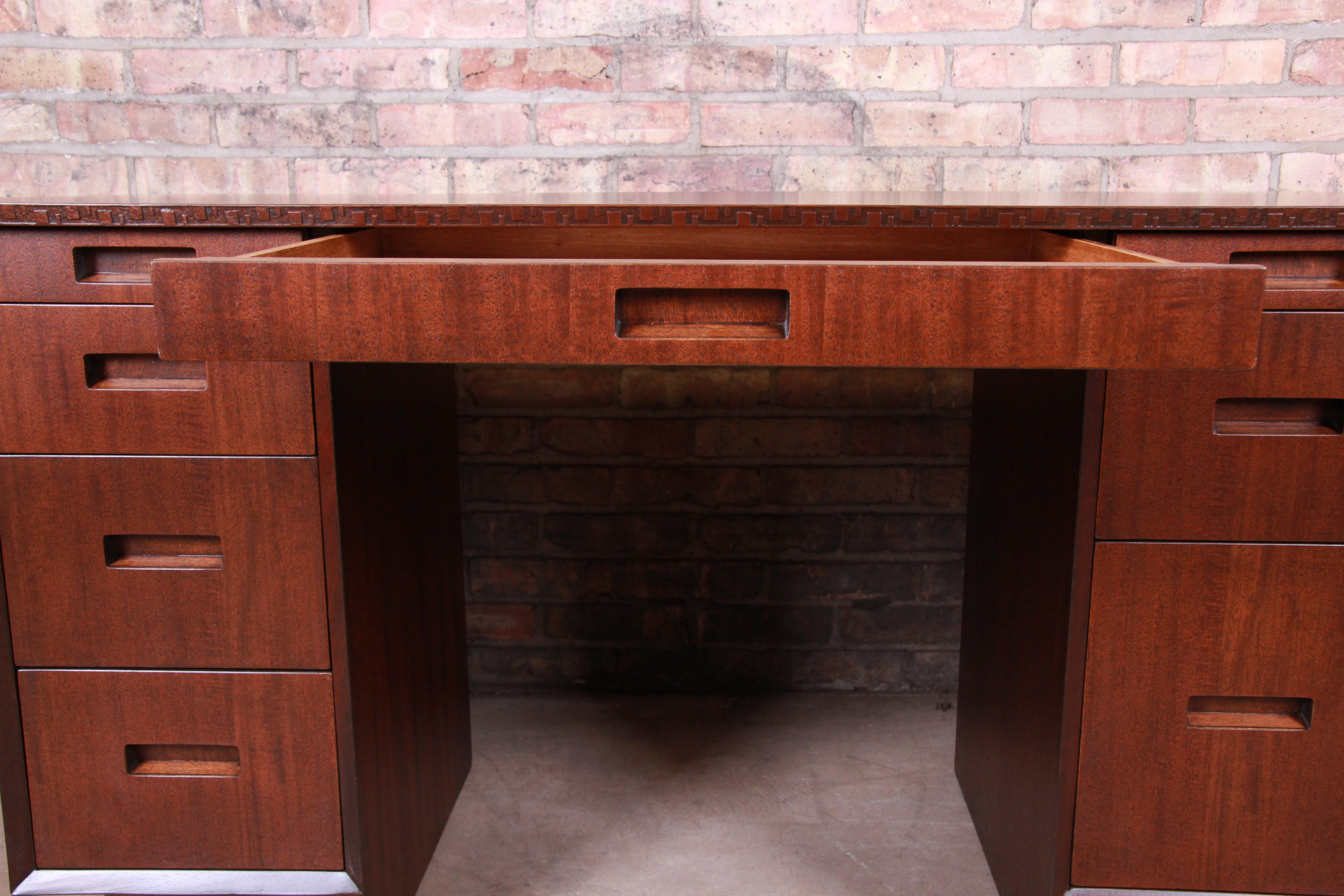 Frank Lloyd Wright Taliesin Mahogany Double Pedestal Desk, Newly Restored 6