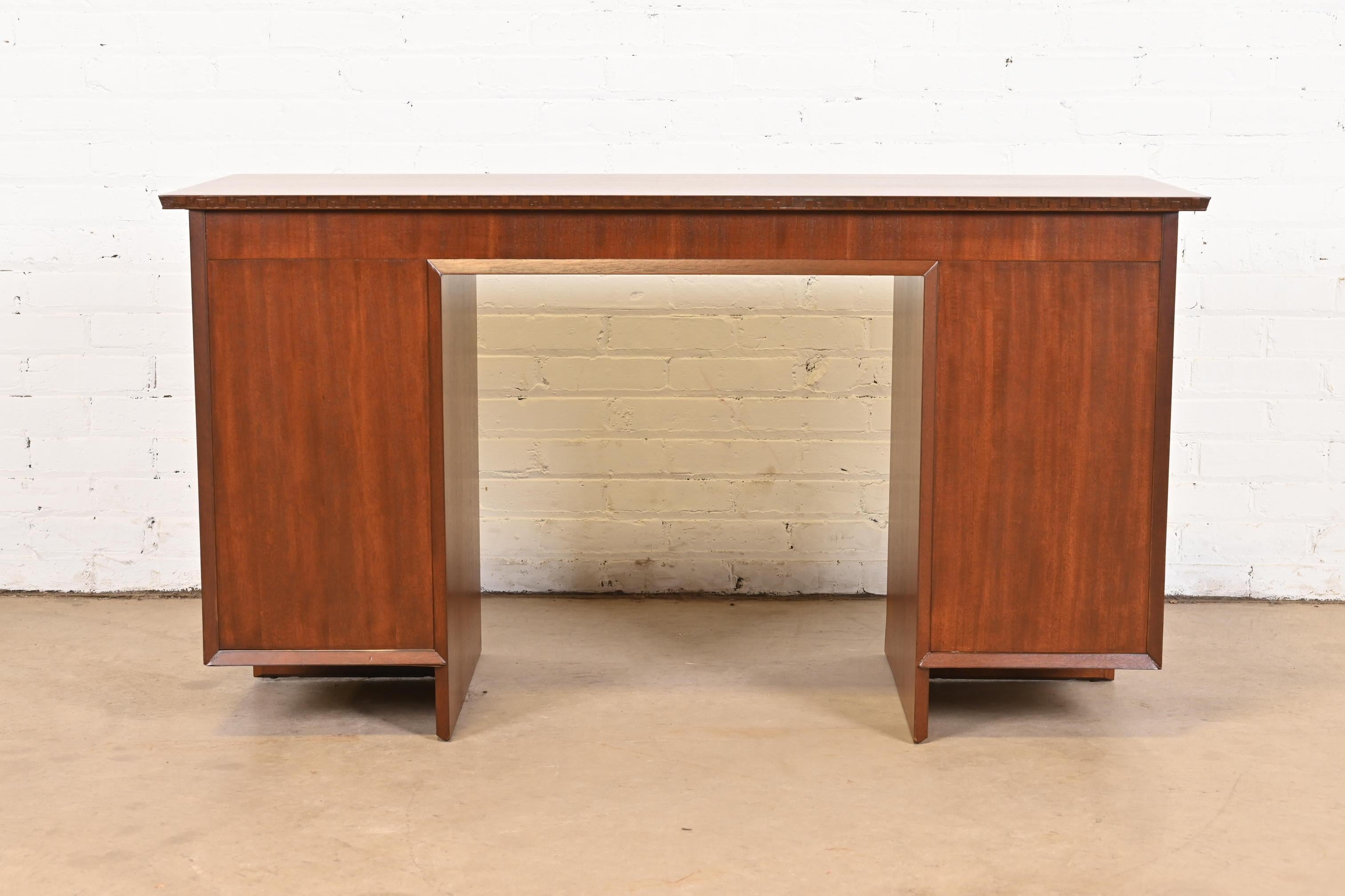 Frank Lloyd Wright Taliesin Mahogany Double Pedestal Desk, Newly Restored For Sale 10