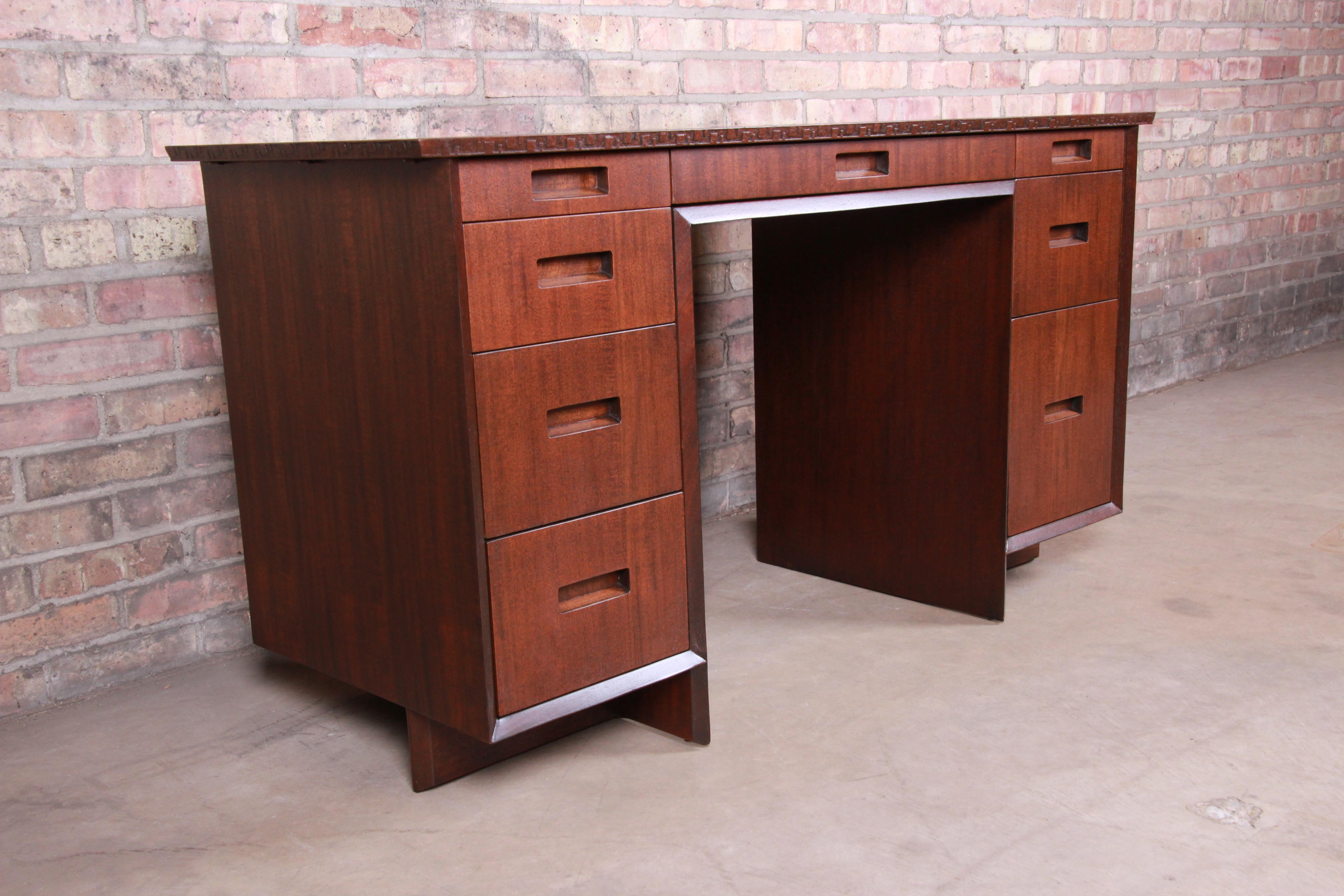 Frank Lloyd Wright Taliesin Mahogany Double Pedestal Desk, Newly Restored In Good Condition In South Bend, IN