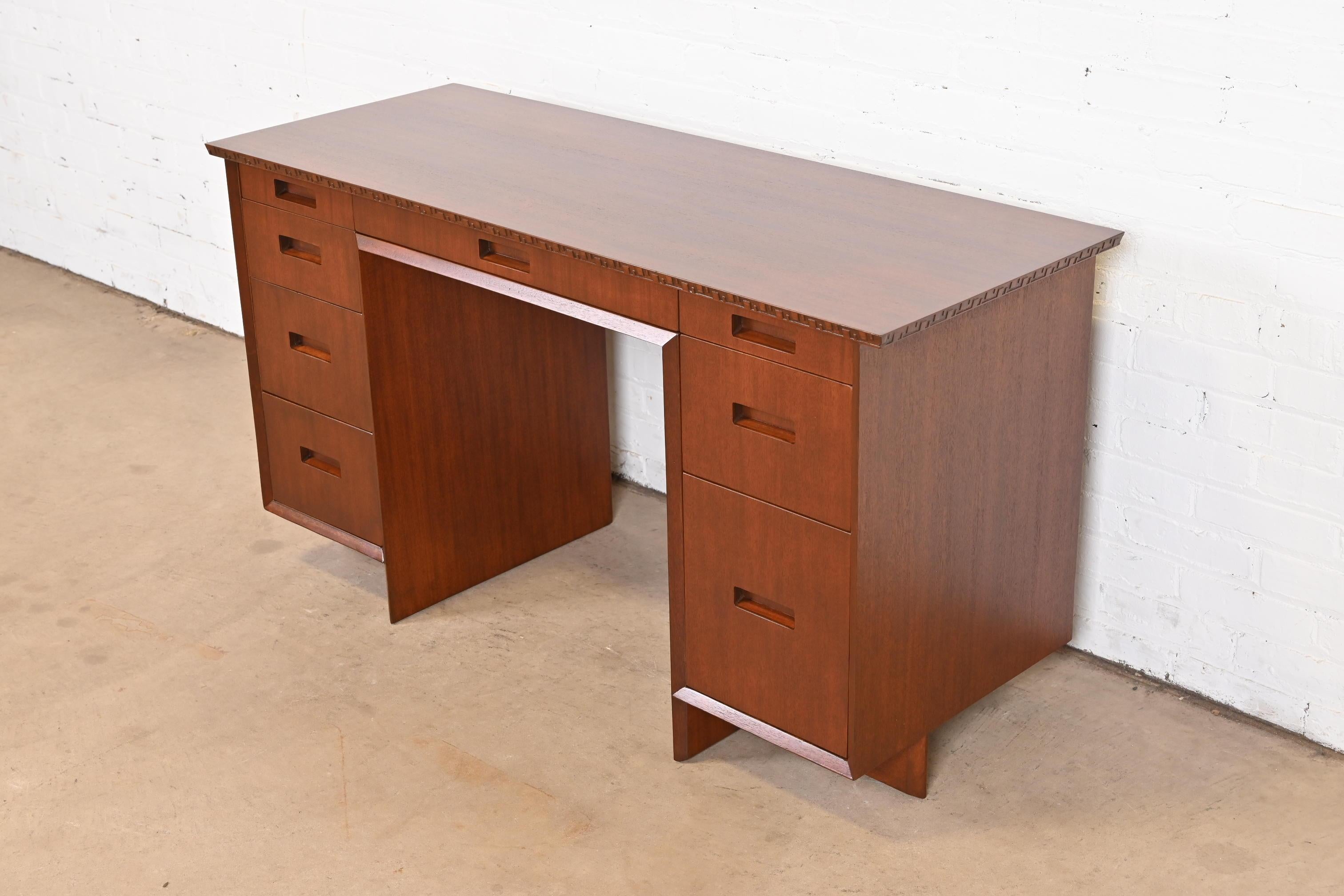 Frank Lloyd Wright Taliesin Mahogany Double Pedestal Desk, Newly Restored In Good Condition For Sale In South Bend, IN