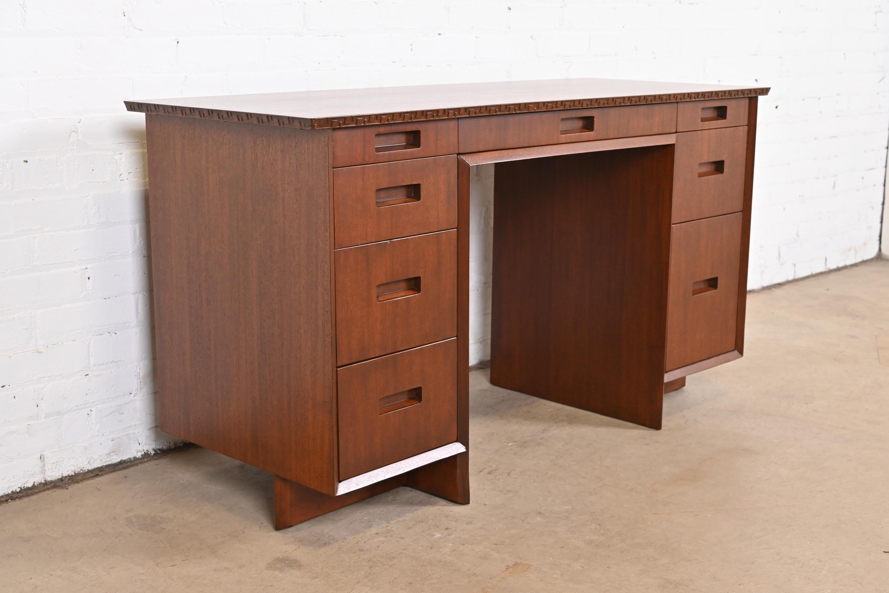Frank Lloyd Wright Taliesin Mahogany Double Pedestal Desk, Newly Restored In Good Condition For Sale In South Bend, IN
