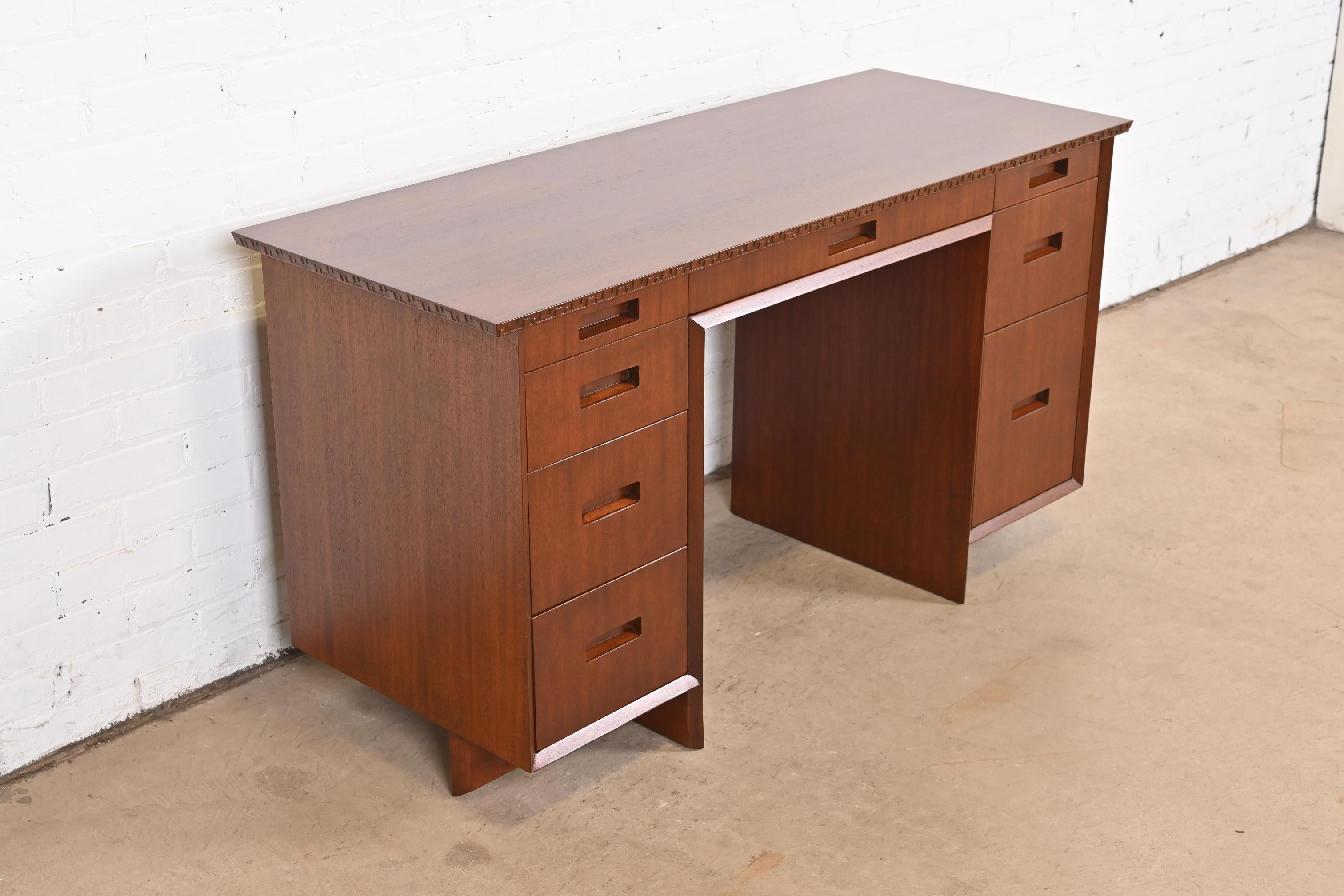 Frank Lloyd Wright Taliesin Mahogany Double Pedestal Desk, Newly Restored For Sale 1