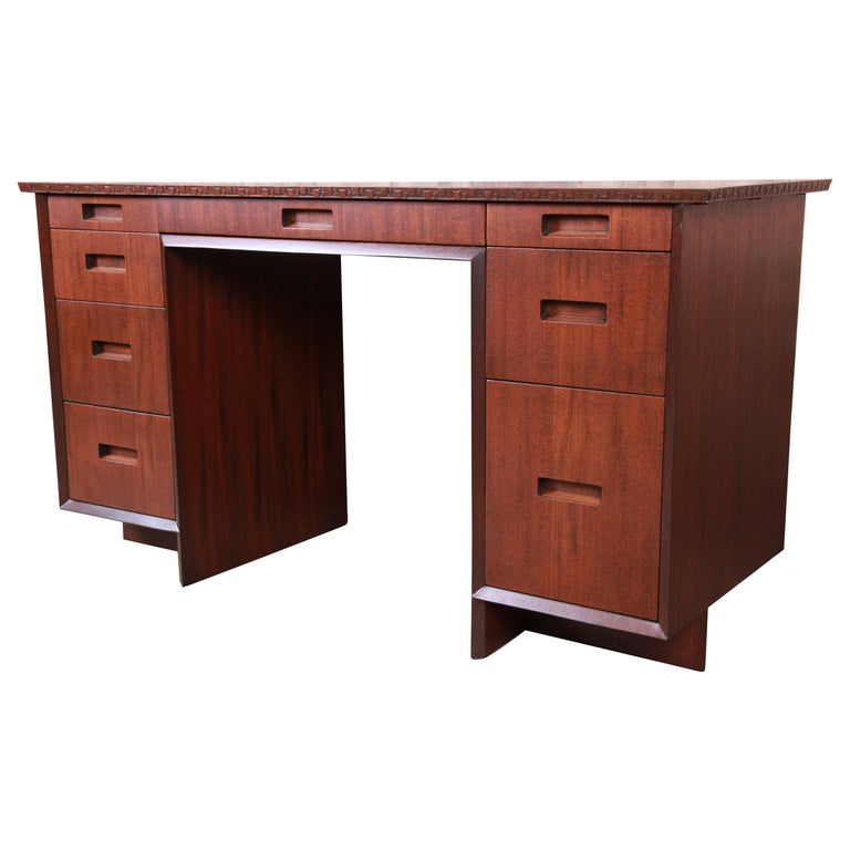 Frank Lloyd Wright Taliesin Mahogany Double Pedestal Desk, Newly
