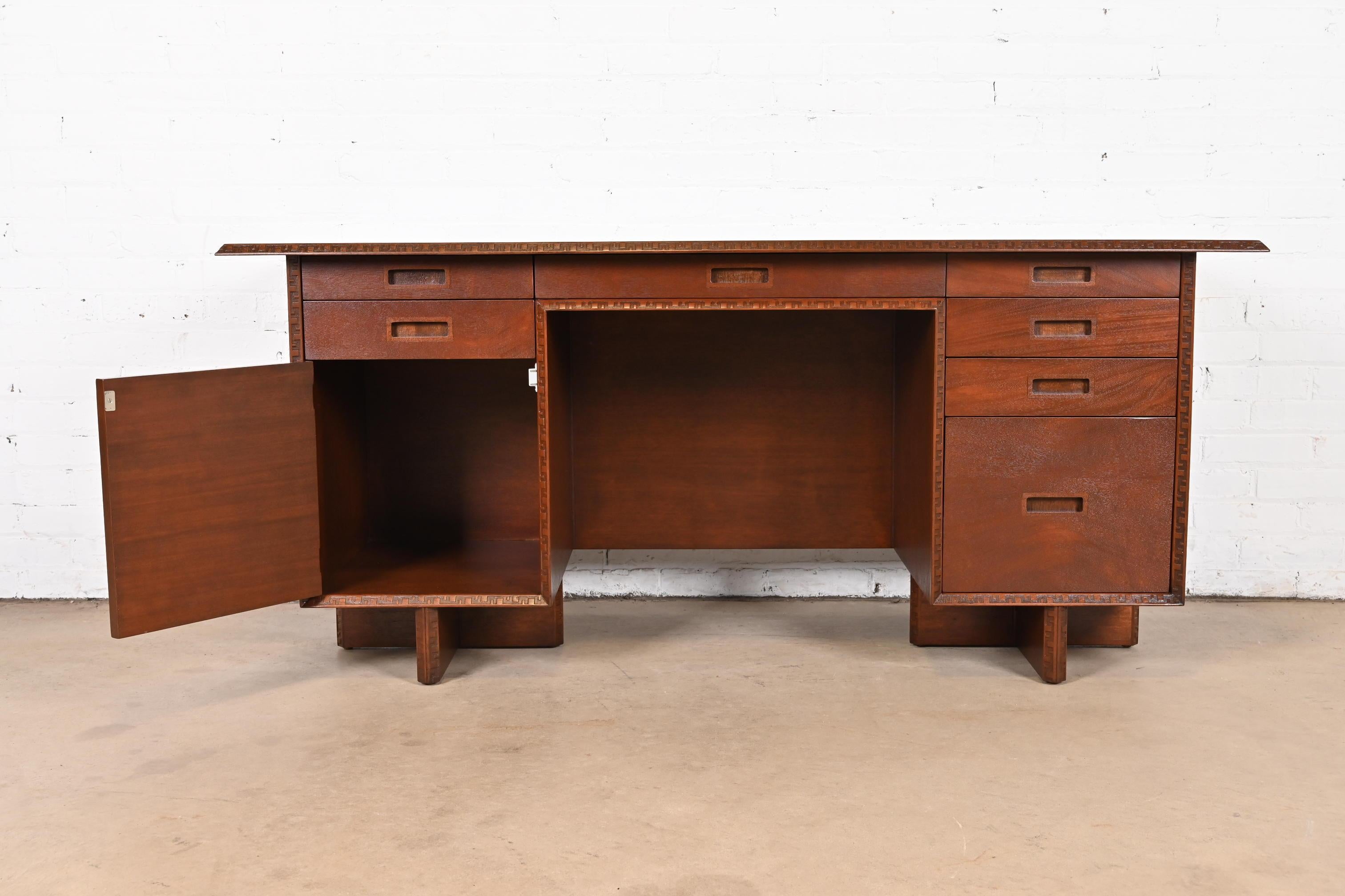 Frank Lloyd Wright Taliesin Mahogany Double Pedestal Executive Desk, Restored For Sale 5