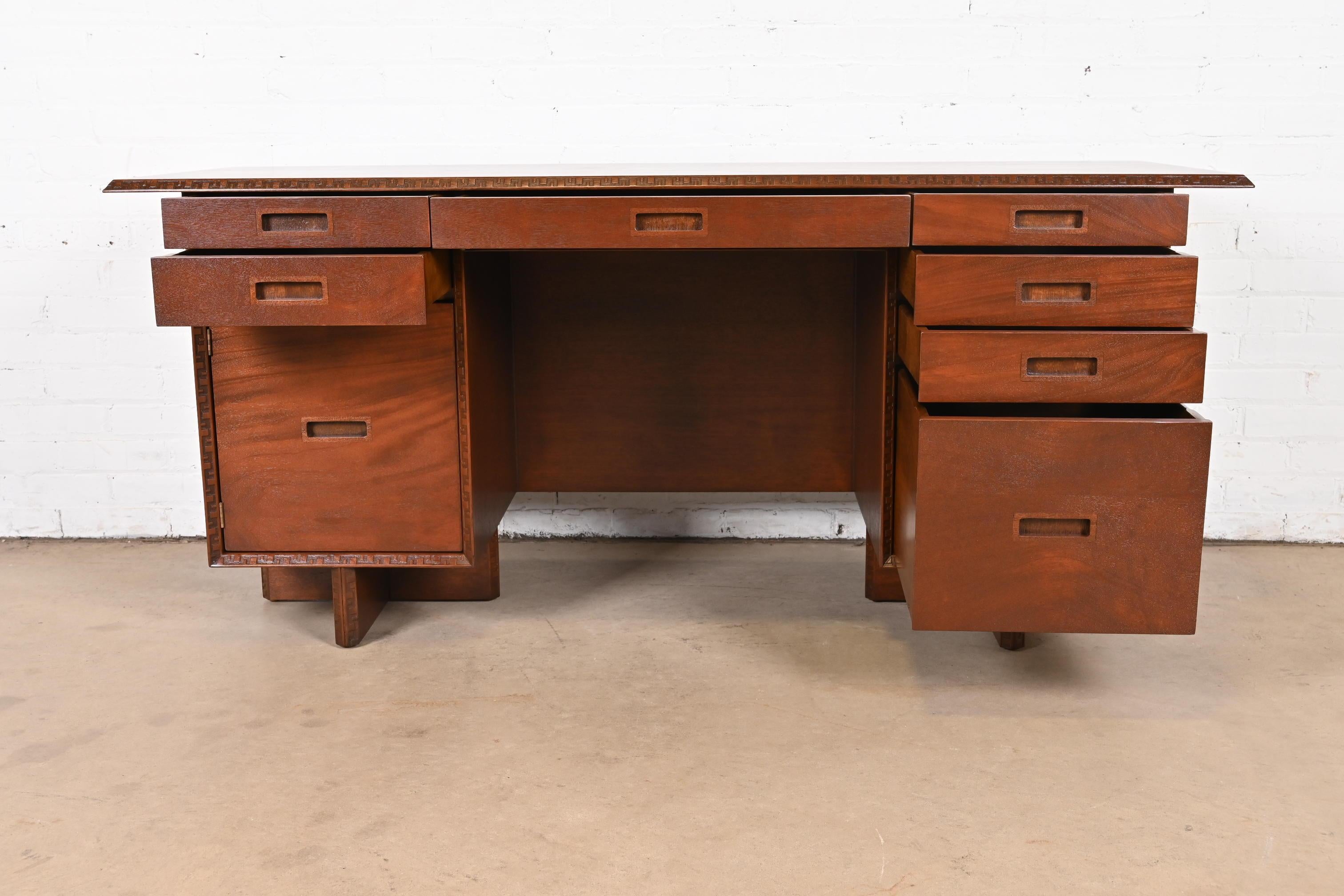 Frank Lloyd Wright Taliesin Mahogany Double Pedestal Executive Desk, Restored For Sale 7