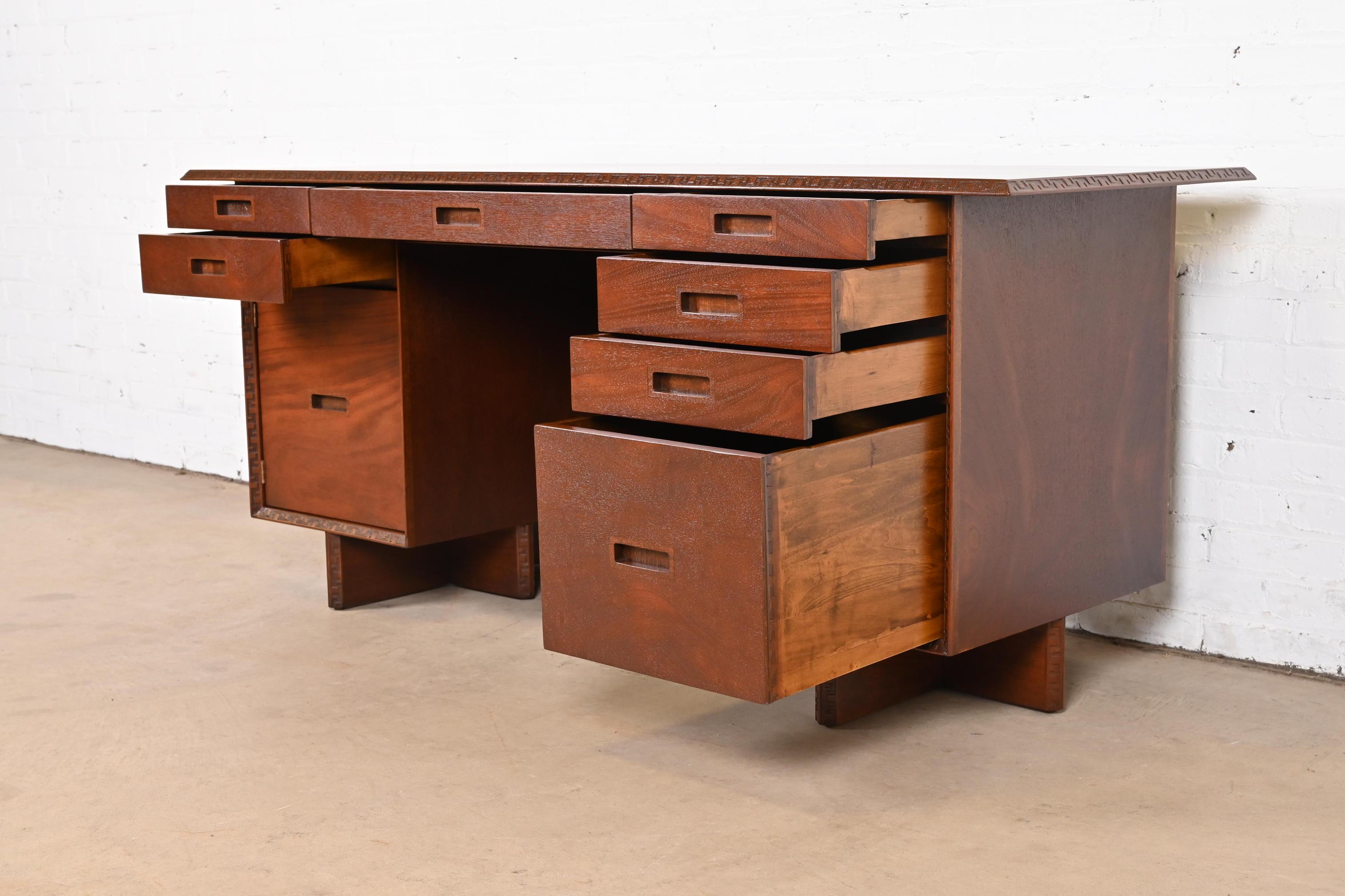 Frank Lloyd Wright Taliesin Mahogany Double Pedestal Executive Desk, Restored For Sale 8