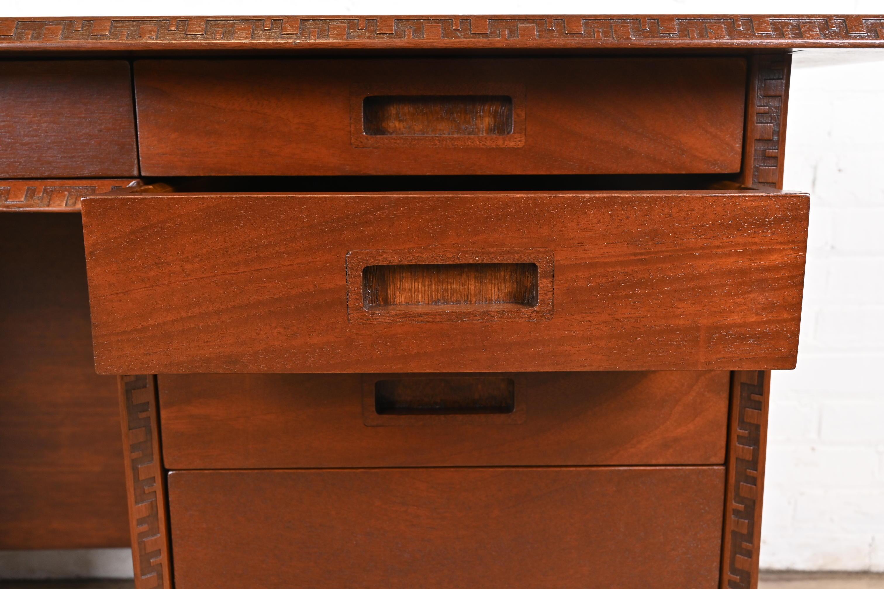 Frank Lloyd Wright Taliesin Mahogany Double Pedestal Executive Desk, Restored For Sale 10