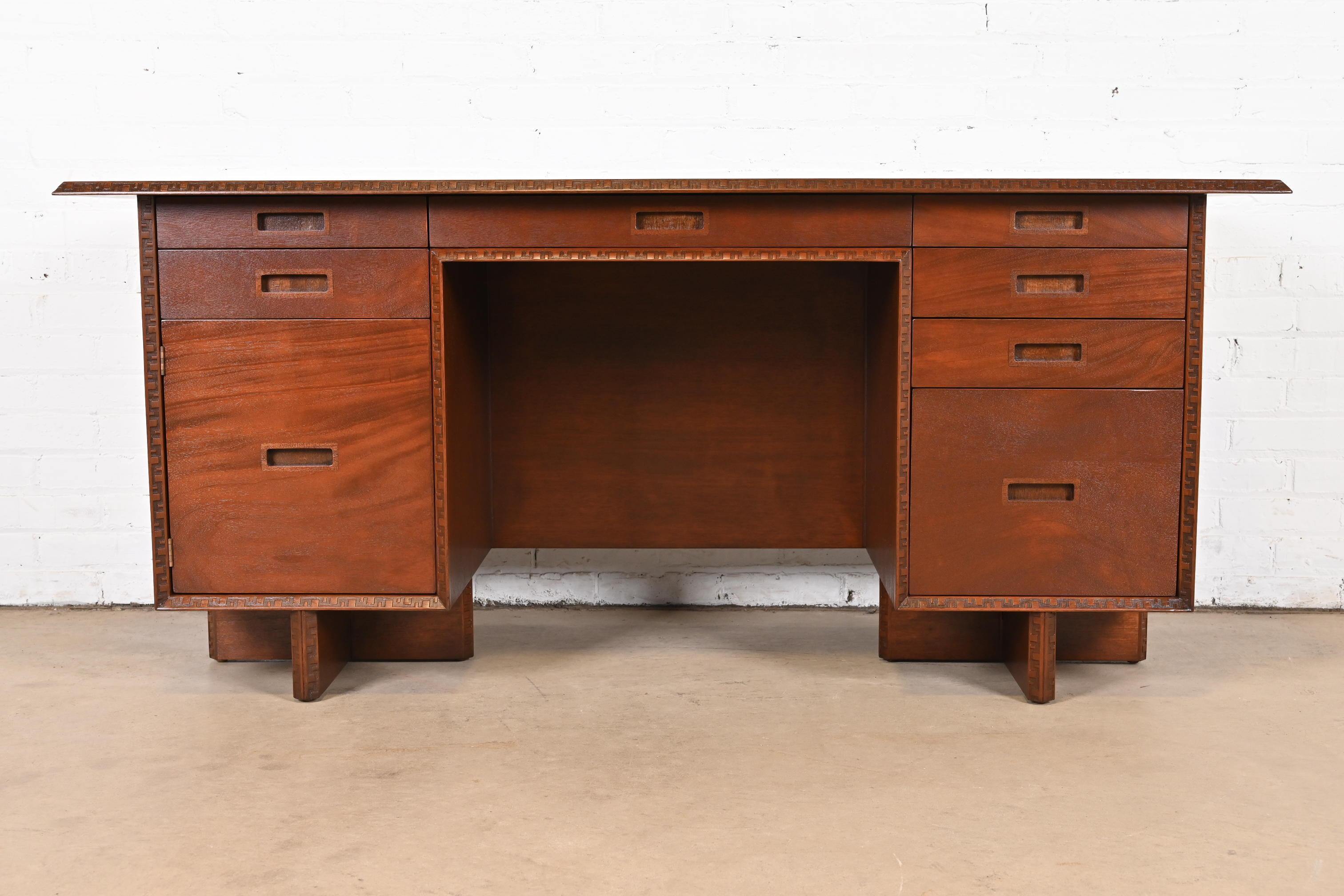 Mid-Century Modern Frank Lloyd Wright Taliesin Mahogany Double Pedestal Executive Desk, Restored For Sale