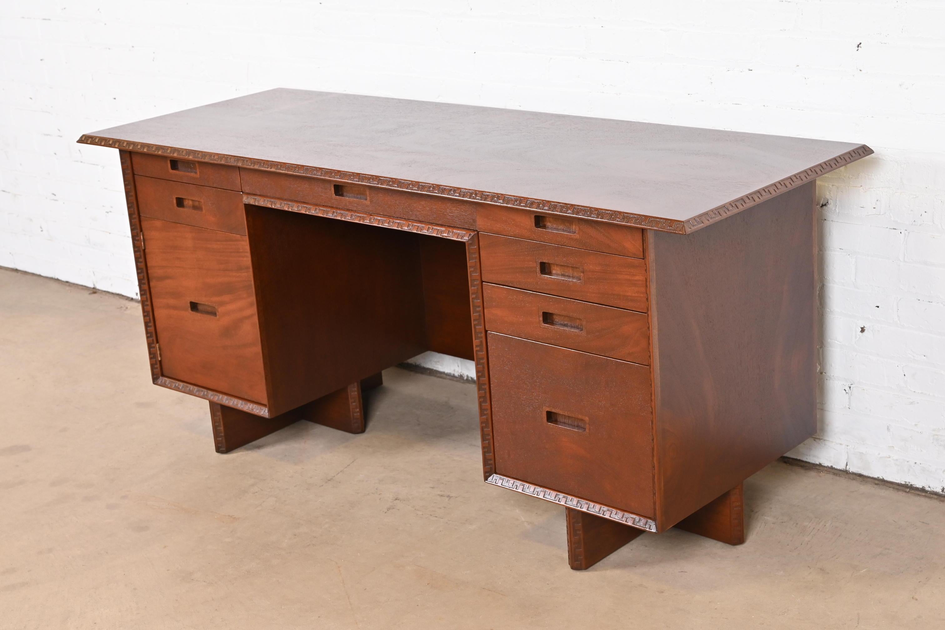 American Frank Lloyd Wright Taliesin Mahogany Double Pedestal Executive Desk, Restored For Sale