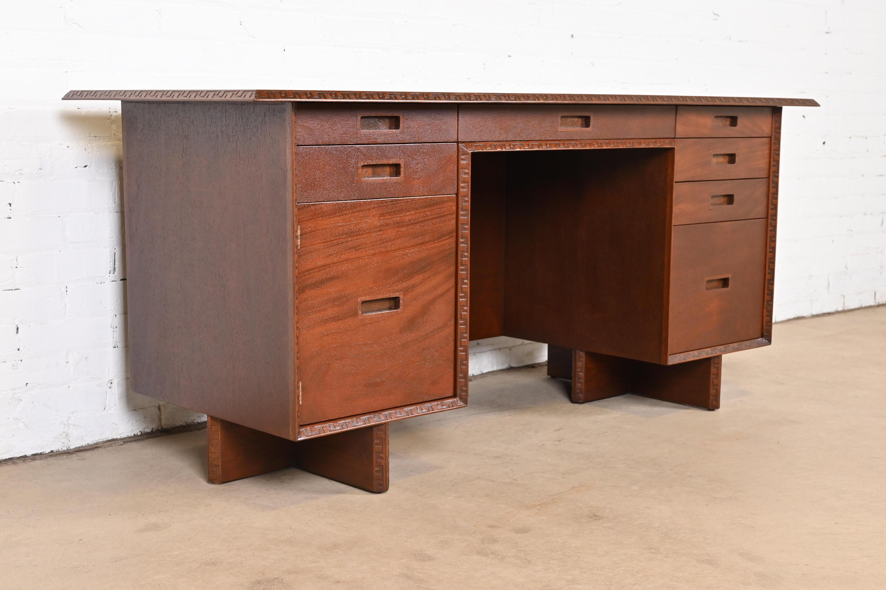 Mid-20th Century Frank Lloyd Wright Taliesin Mahogany Double Pedestal Executive Desk, Restored For Sale