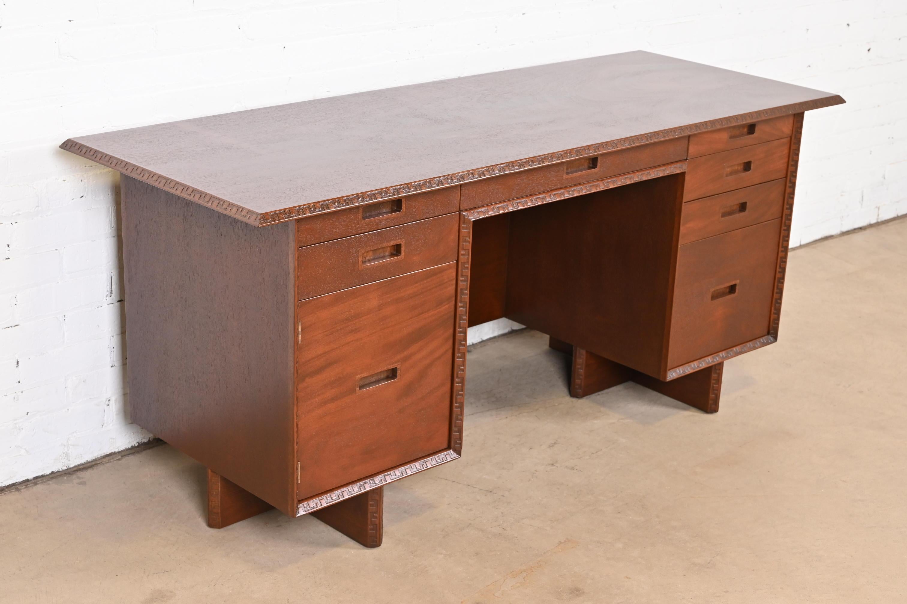 Frank Lloyd Wright Taliesin Mahogany Double Pedestal Executive Desk, Restored For Sale 1