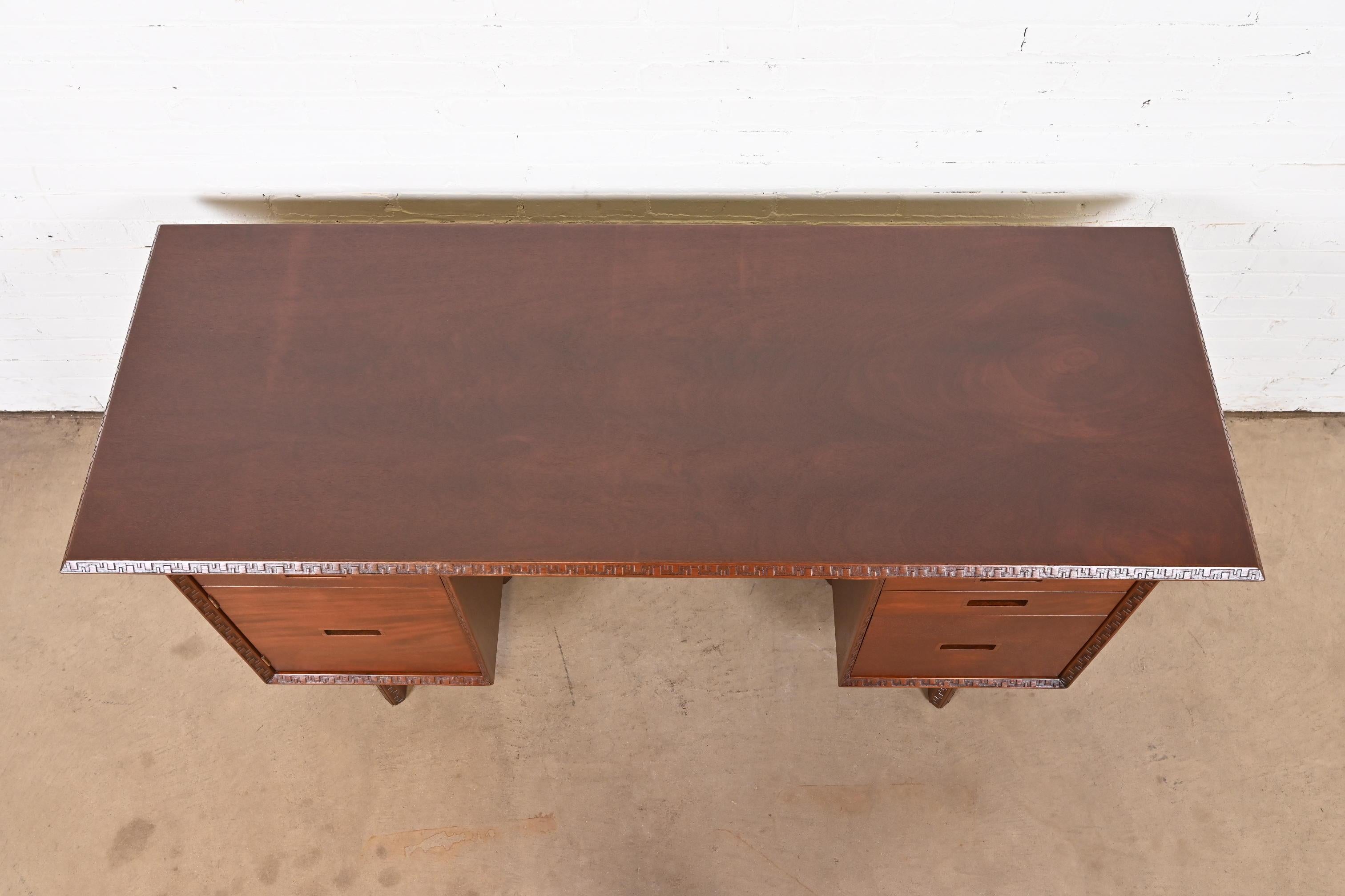 Frank Lloyd Wright Taliesin Mahogany Double Pedestal Executive Desk, Restored For Sale 2