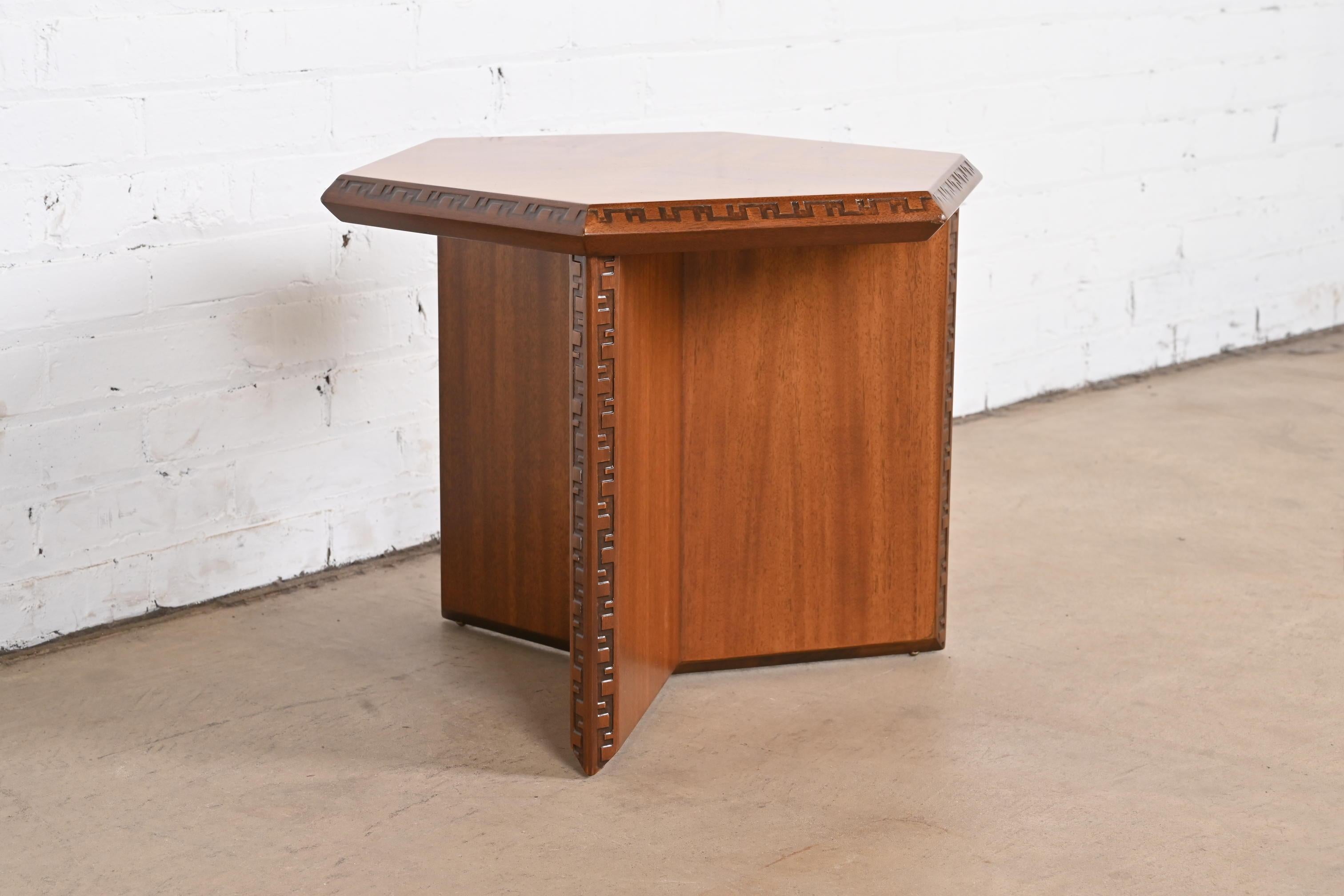 Frank Lloyd Wright Taliesin Mahogany Hexagonal Side Table In Good Condition In South Bend, IN