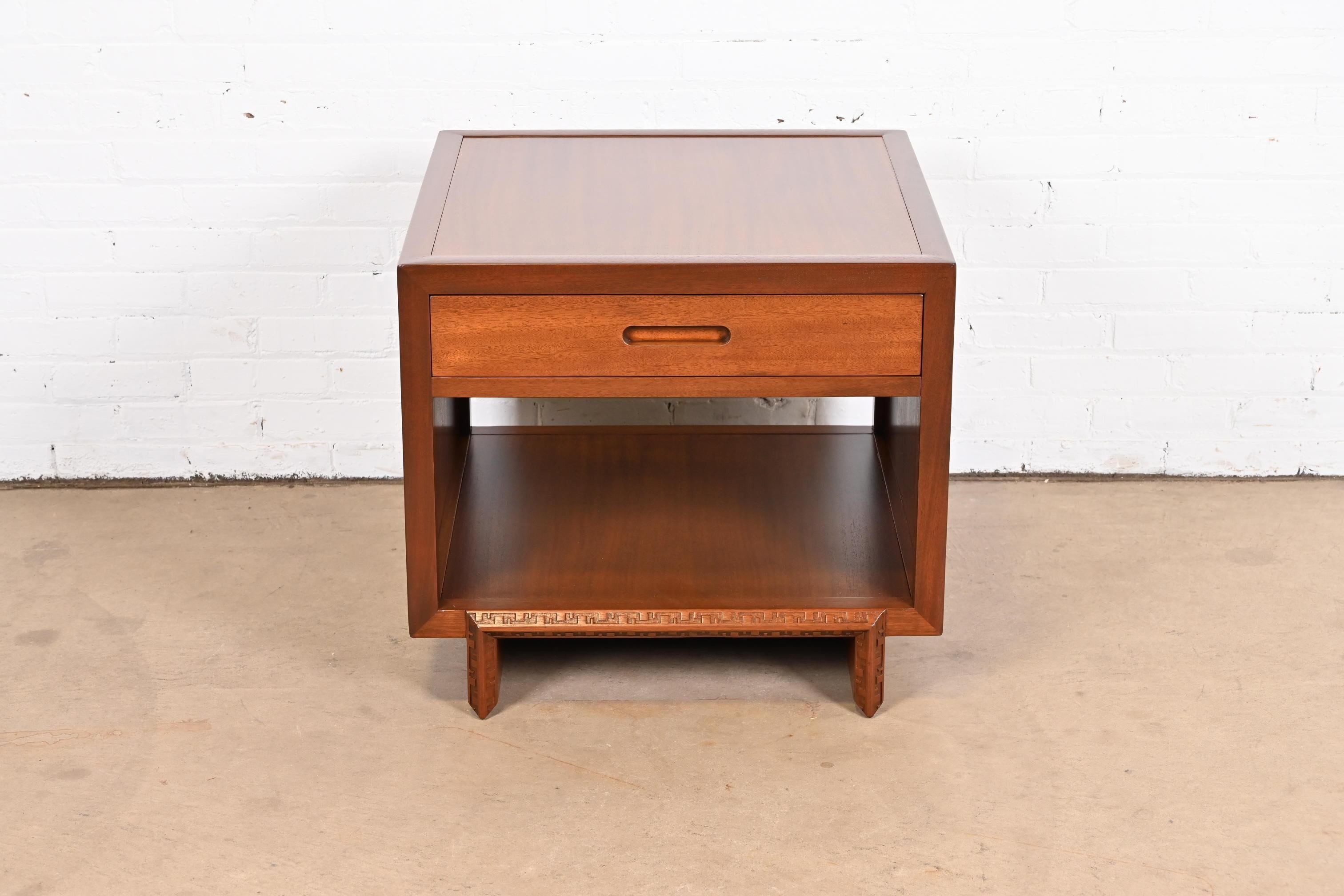 Mid-Century Modern Frank Lloyd Wright Taliesin Mahogany Nightstand or Side Table, Newly Restored