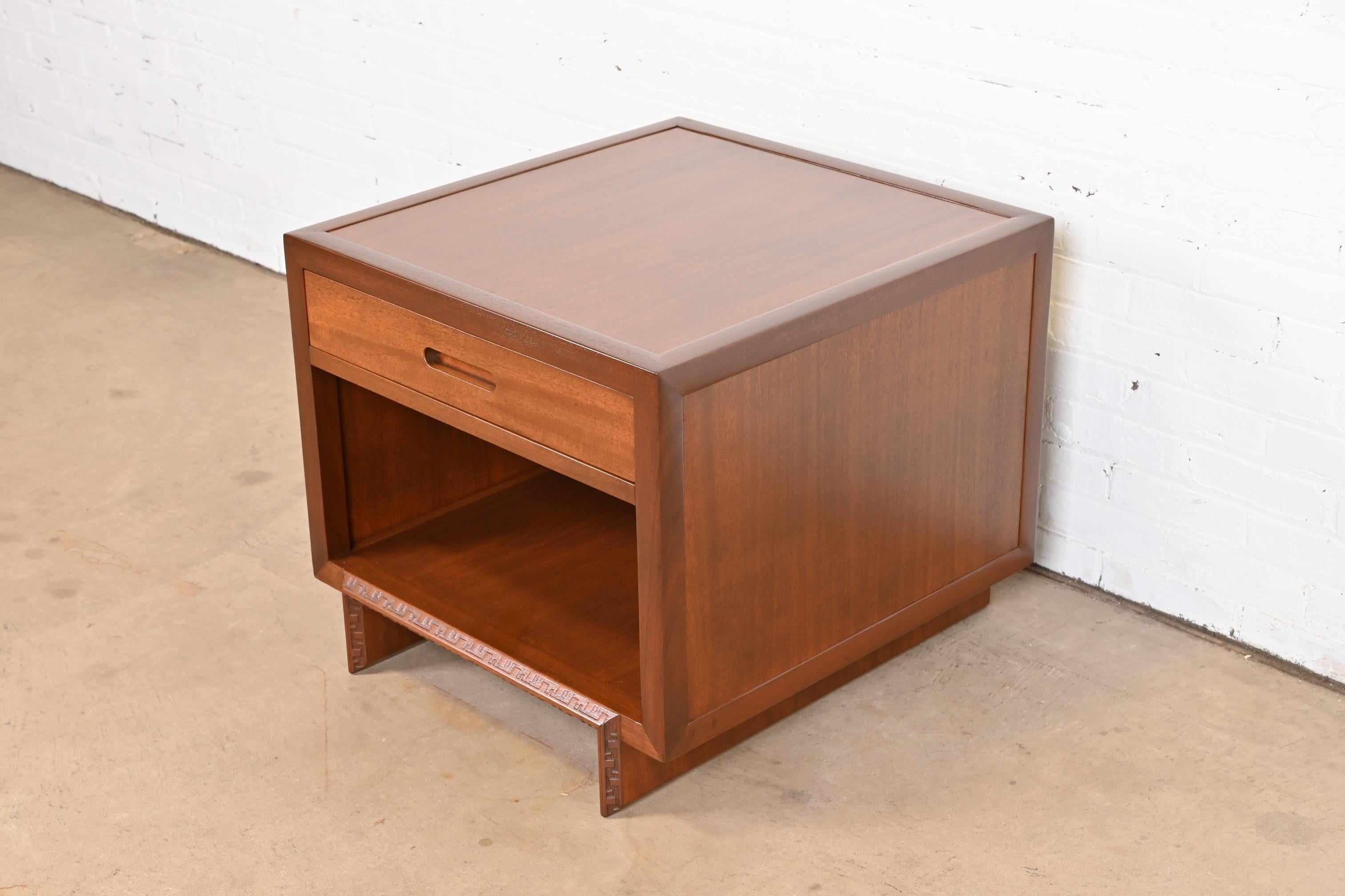 Frank Lloyd Wright Taliesin Mahogany Nightstand or Side Table, Newly Restored In Good Condition In South Bend, IN