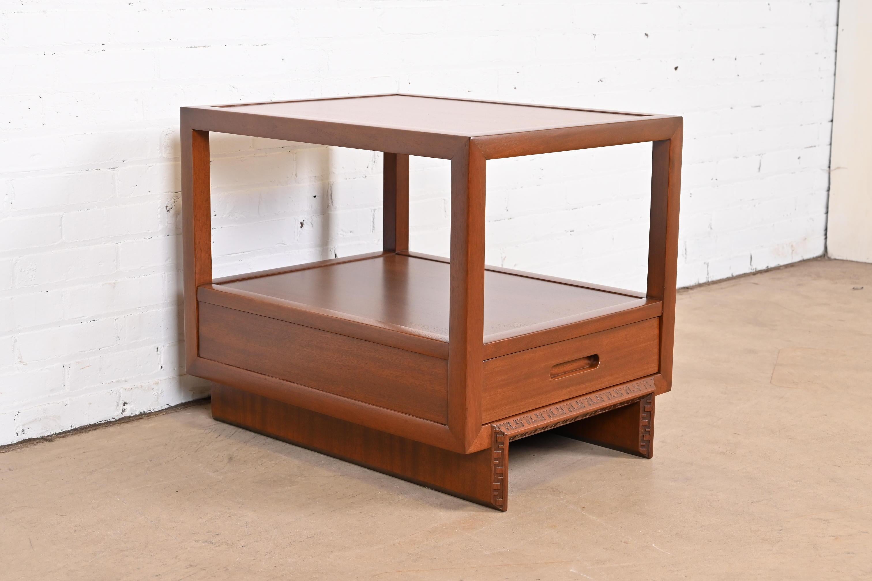 Frank Lloyd Wright Taliesin Mahogany Nightstand or Side Table, Newly Restored In Good Condition In South Bend, IN