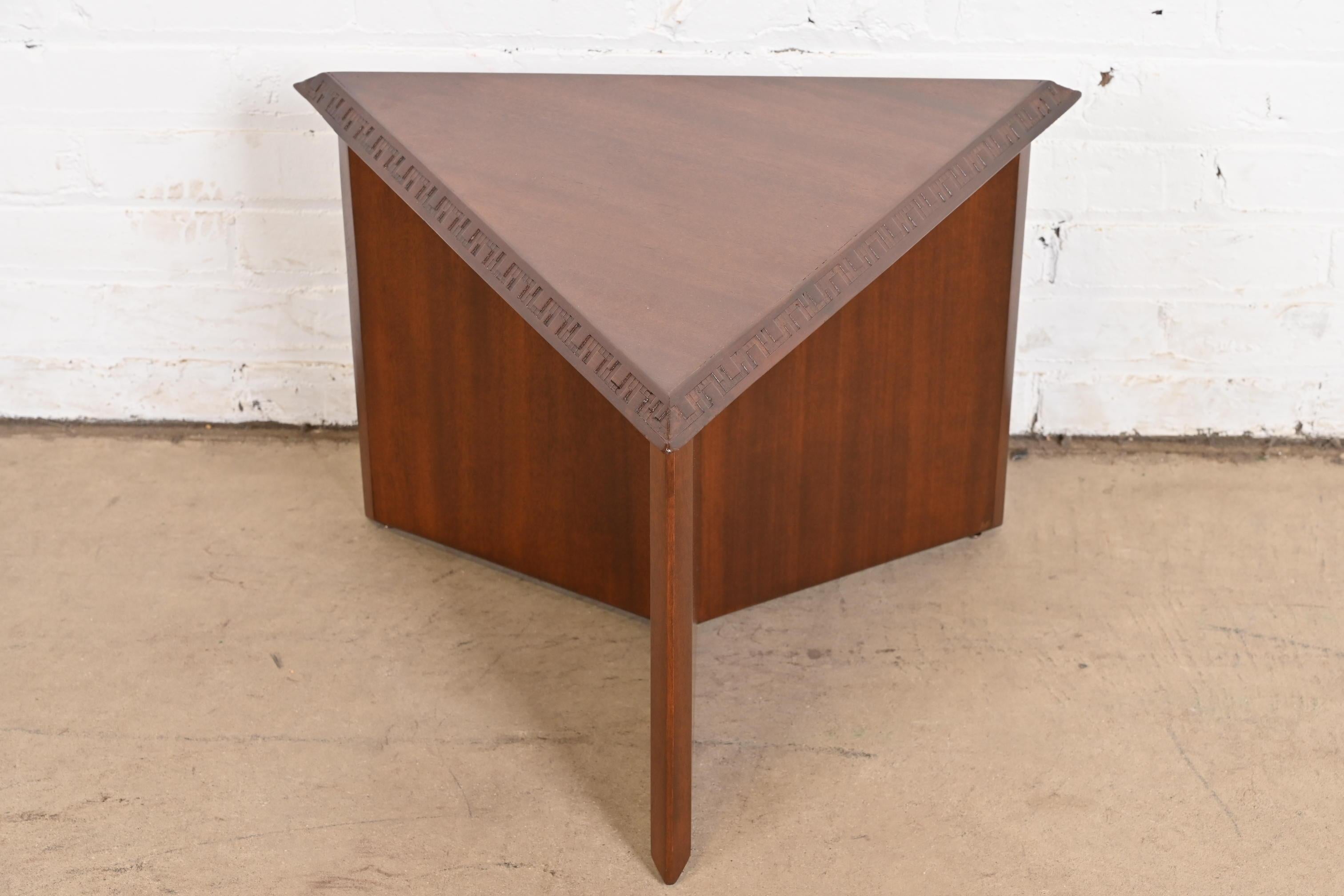 Mid-Century Modern Frank Lloyd Wright Taliesin Mahogany Triangular Side Table, Newly Refinished For Sale