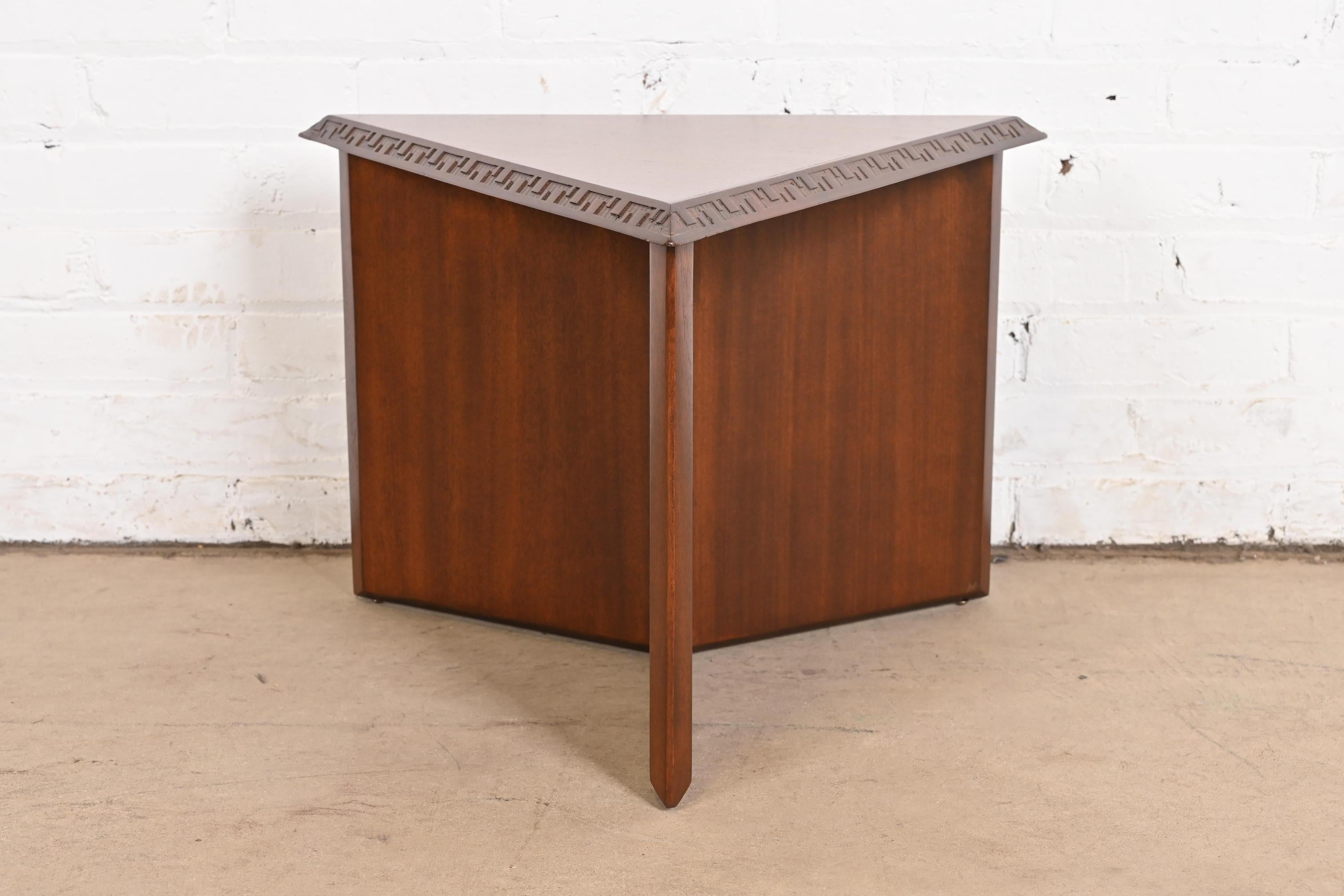 American Frank Lloyd Wright Taliesin Mahogany Triangular Side Table, Newly Refinished For Sale