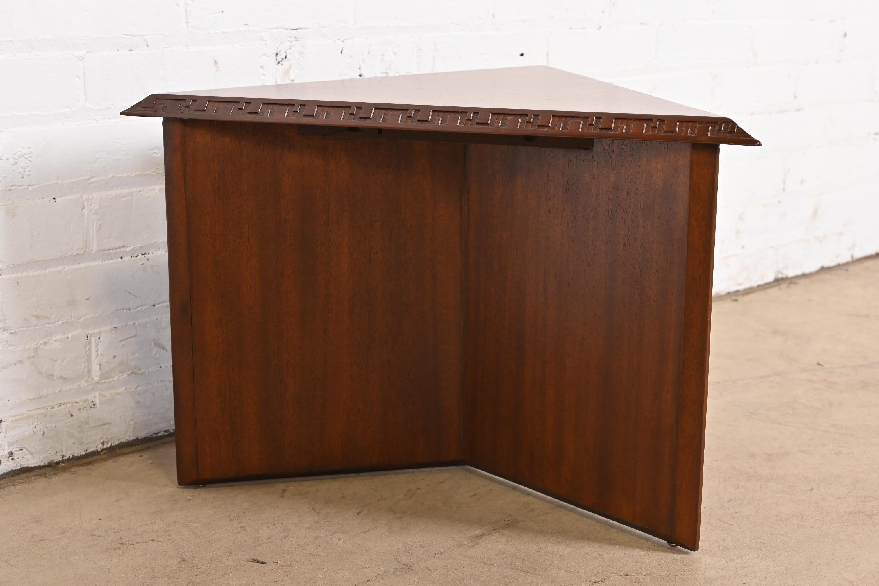 Frank Lloyd Wright Taliesin Mahogany Triangular Side Table, Newly Refinished In Good Condition For Sale In South Bend, IN