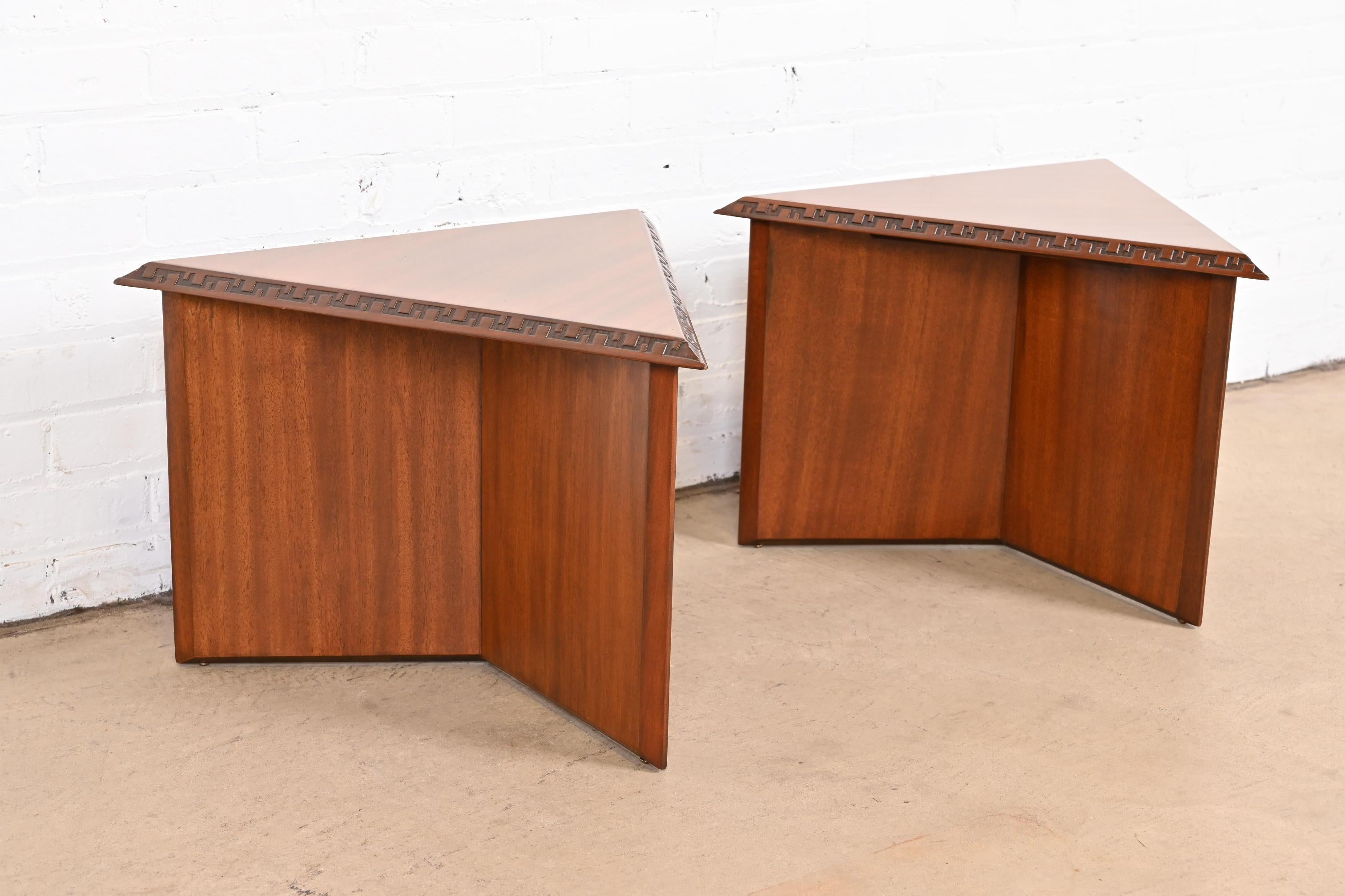 Mid-Century Modern Frank Lloyd Wright Taliesin Mahogany Triangular Side Tables, 1955