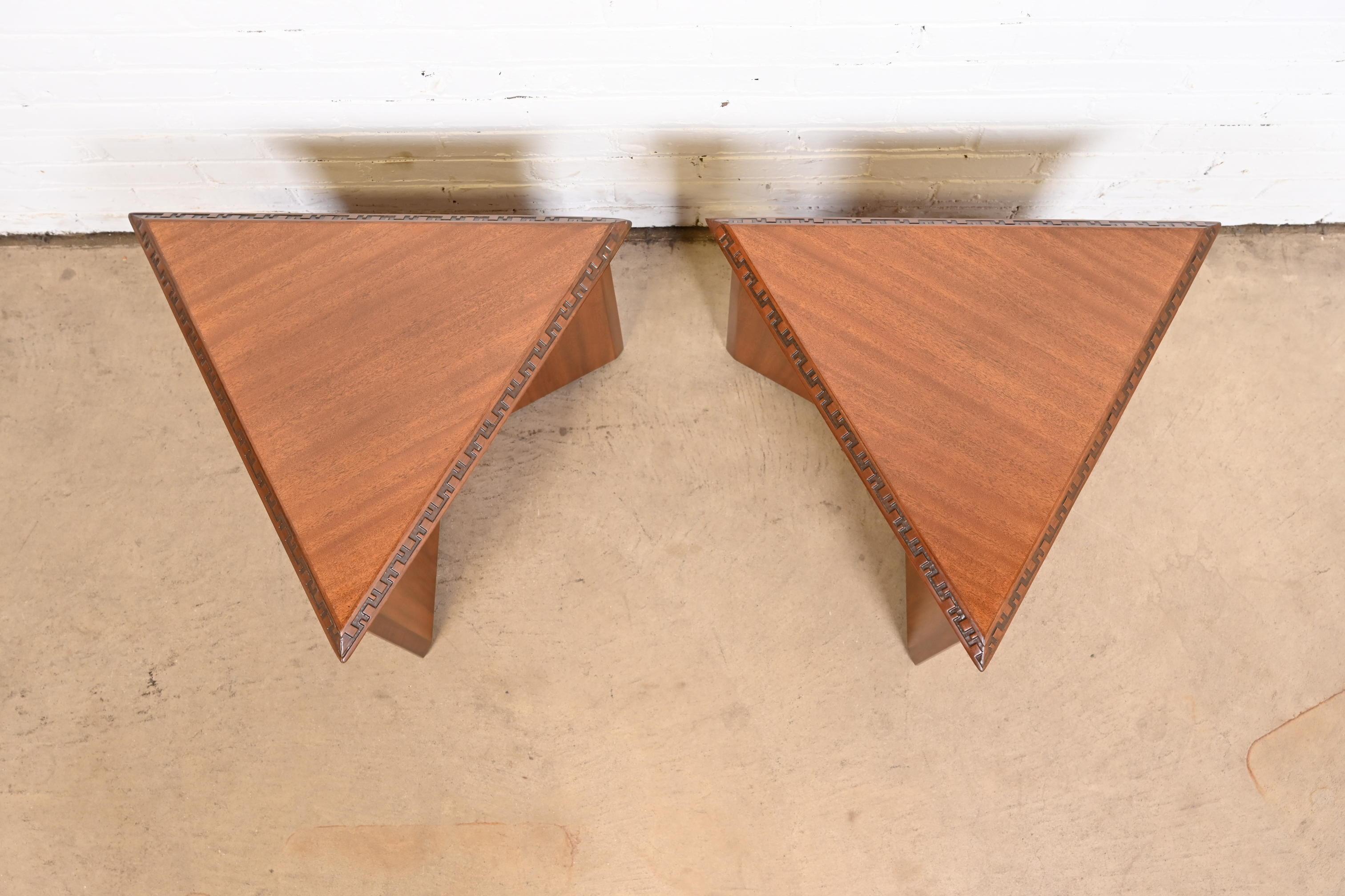 American Frank Lloyd Wright Taliesin Mahogany Triangular Side Tables, 1955